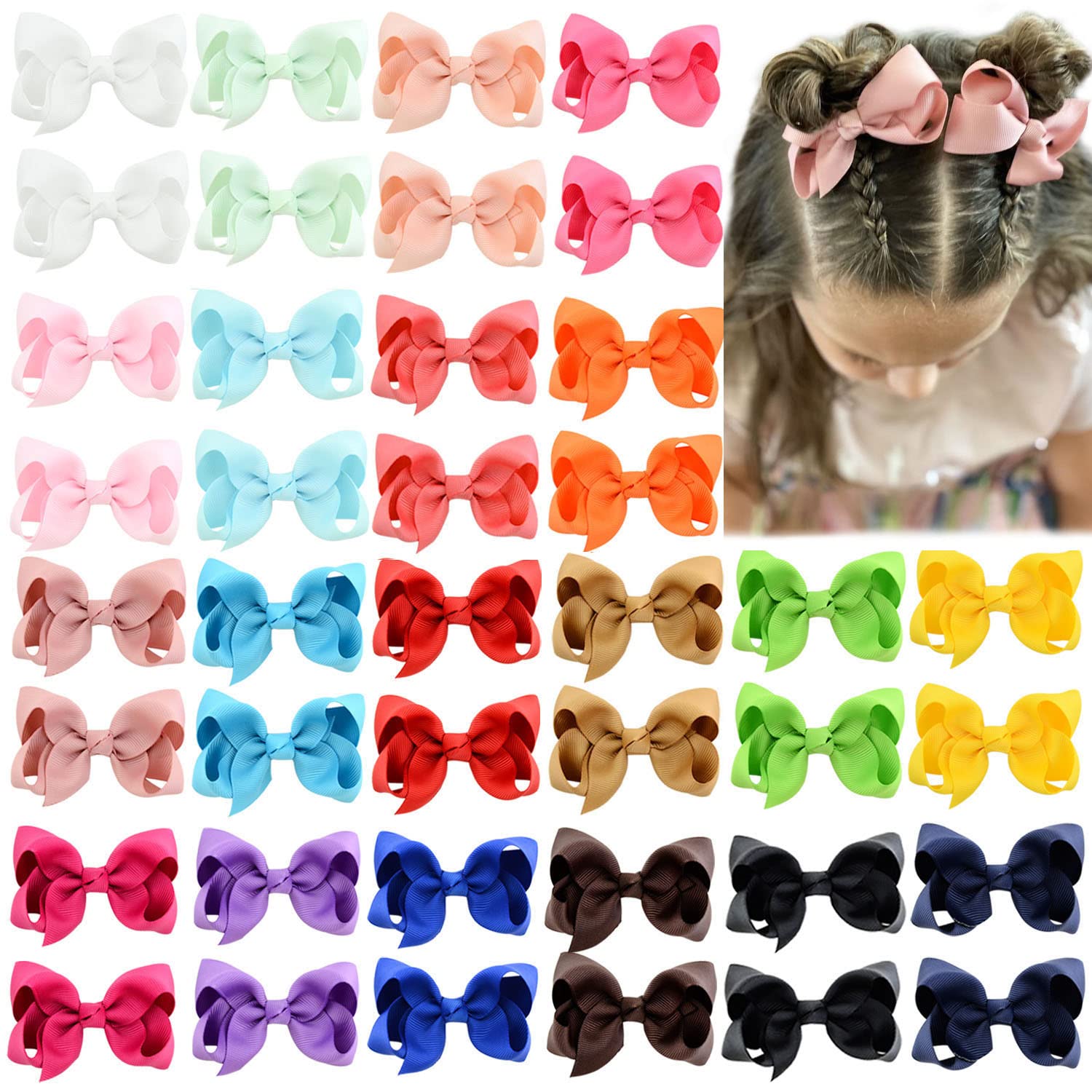 40PCS 3 Inch Hair Bows for Girls - Grosgrain Ribbon Toddler Hair Accessories with Alligator Clips - Baby, Kids & Teens Hair Clips - Perfect for Parties, School & Daily Outfits