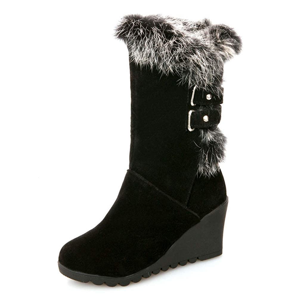 Bcshiye Women's Winter Boots - Faux Fur Lined Mid Calf Snow Boots with Wedge Platform & Hidden Heel - Slip On Booties for Outdoor, Snowy Weather & Cold Climate - Perfect for Winter Hiking, Travel & Daily Commute