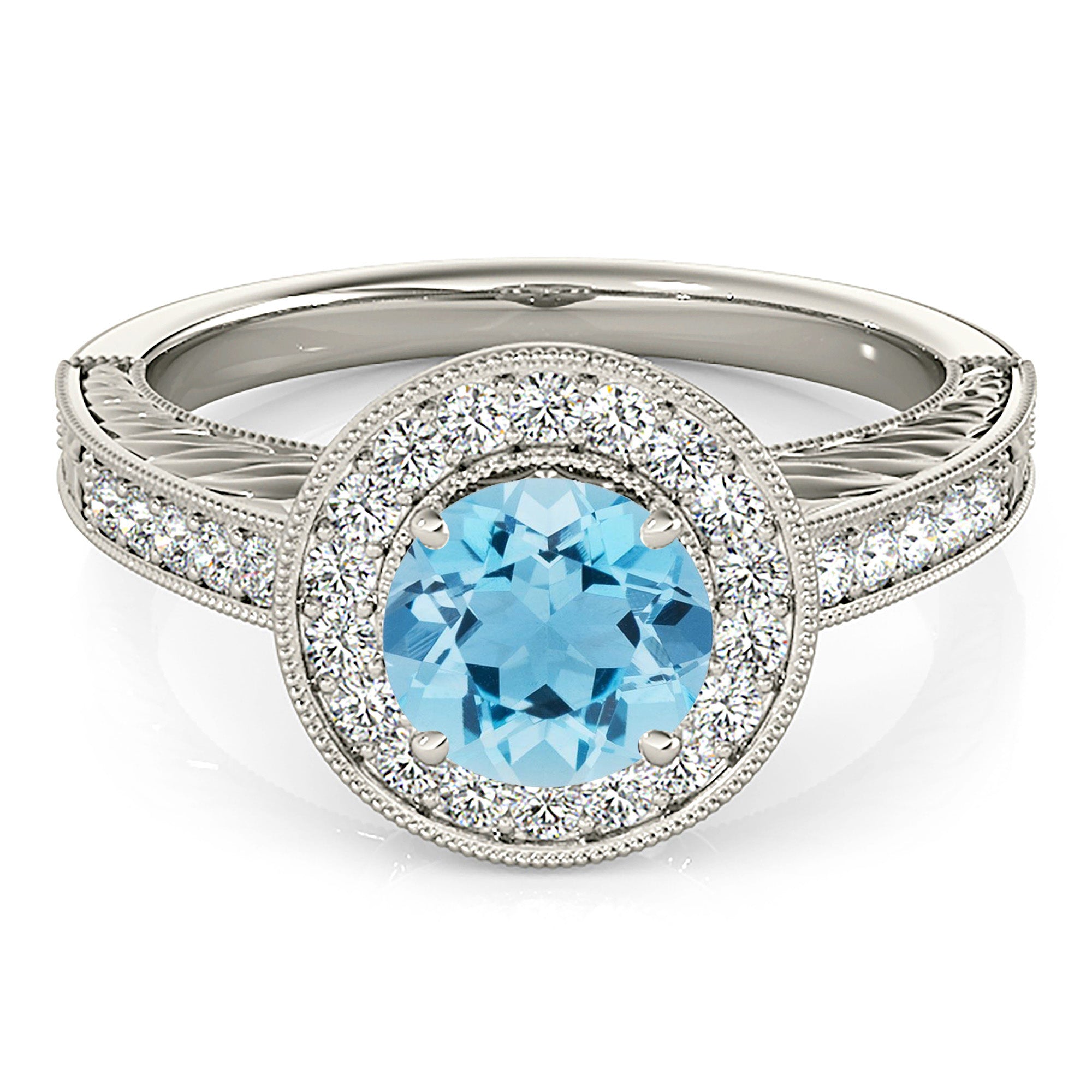 1.65 Carat Genuine Aquamarine Ring with Milgrain Halo & Filigree Diamond Band - Elegant Engagement, Wedding, or Anniversary Jewelry Gift for Women