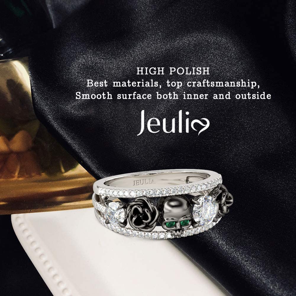 Jeulia Sterling Silver Skull Rings for Women & Men - Round Cut Diamond & Emerald Birthstone CZ Black Plated Floral Wedding Band, Promise & Anniversary Ring with Jewelry Box | Perfect for Gothic Fashion, Engagement Gifts & Alternative Wedding Jewelry