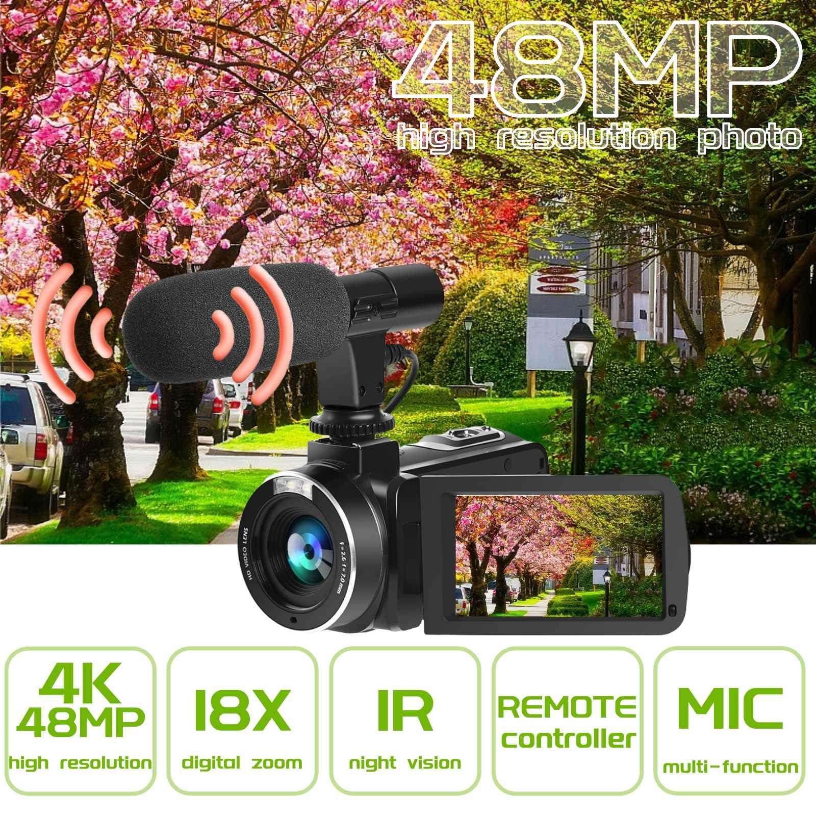 4K Video Camera Camcorder 48MP 30FPS with 18X Digital Zoom - YouTube Vlogging Camera with IR Night Vision, 3.0