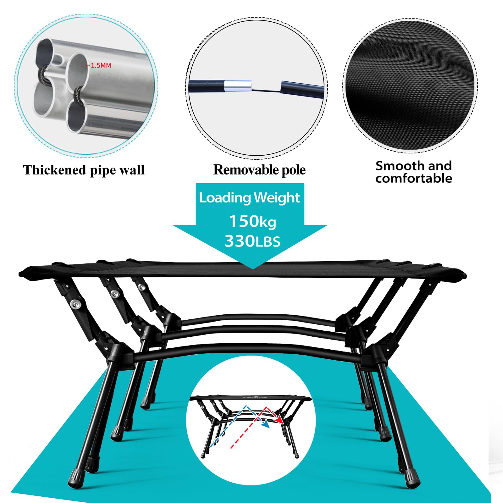 OSWIN Adult Backcountry Camping Cot with Leg Extension - Ultralight Folding Portable Bed for Outdoor, Hiking, RV & Beach - Supports 330lbs - Perfect for Camping, Backpacking & Travel (Black)