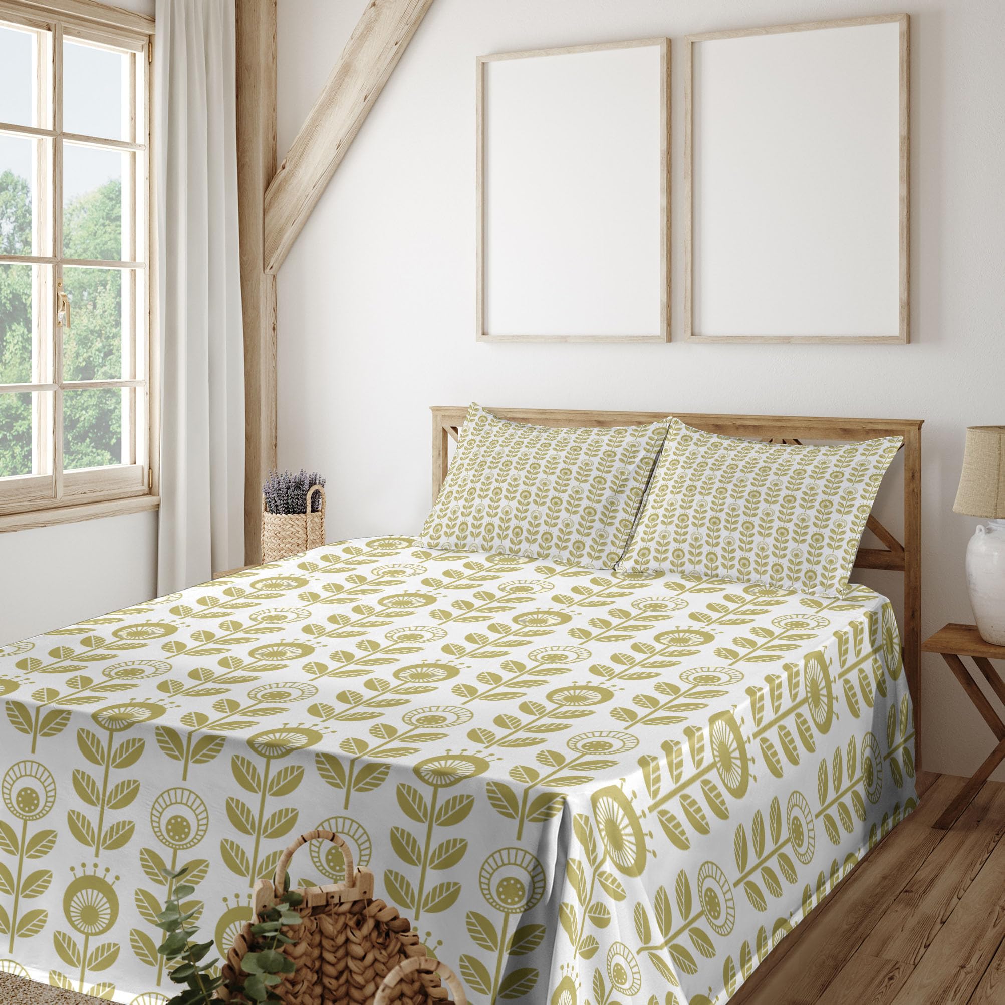 Ambesonne Floral King Sheet Set - 4 Piece Scandinavian Style Monochrome Flower Bedding with Fitted Sheet, Flat Sheet & Pillowcases - Khaki White - Perfect for Master Bedroom, Guest Room & Vacation Homes