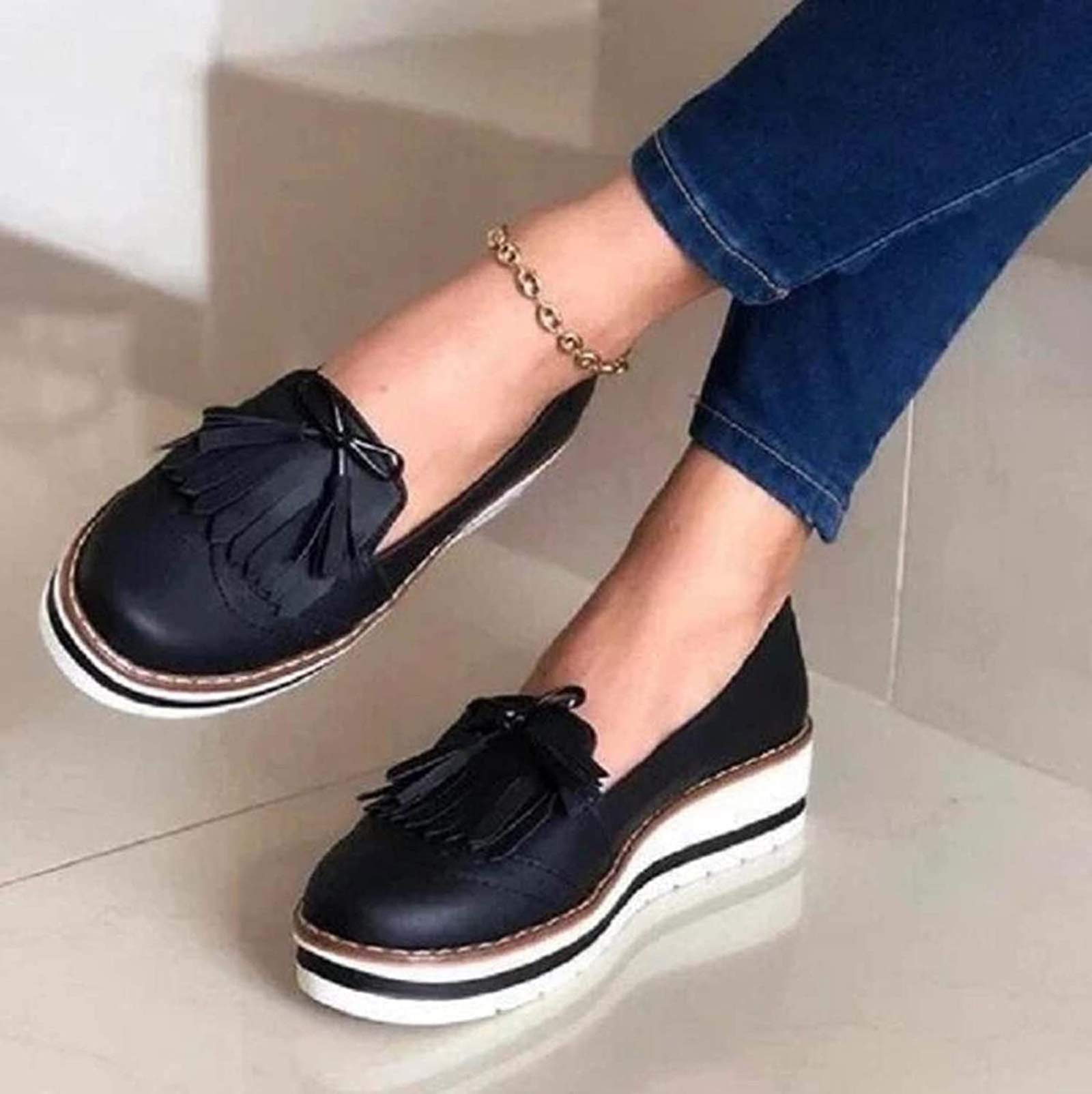Women's Leather Wedge Platform Sandals with Tassel - Closed Toe Retro Round Toe Flat Shoes - Comfortable & Fashionable for Summer, Beach, Party & Casual Wear - Blue, Size 41