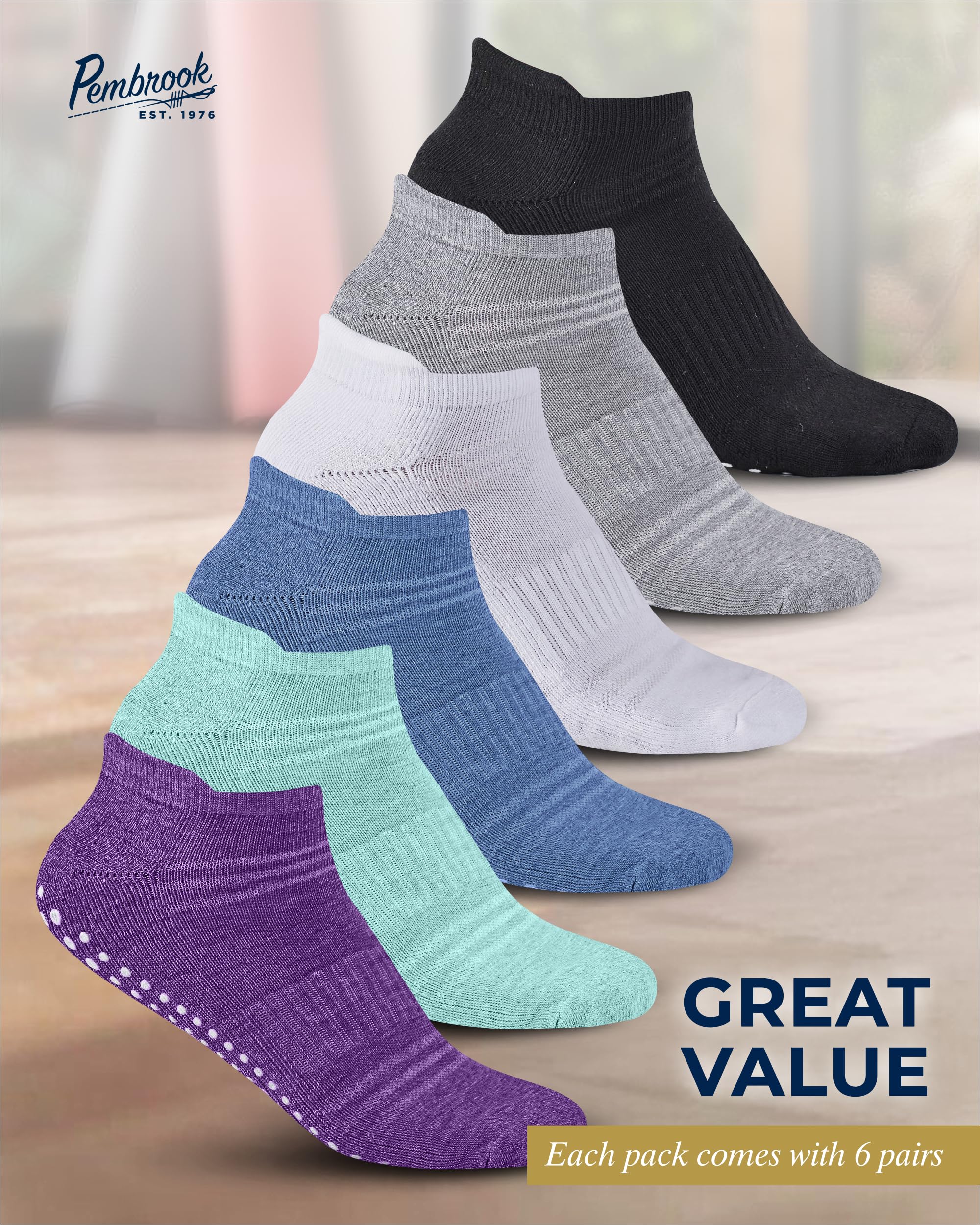 Pembrook Non-Slip Grip Socks for Women & Men - 6 Pairs Yoga, Barre & Pilates Socks with Anti-Skid Soles | Perfect for Dance, Workouts & Home Use
