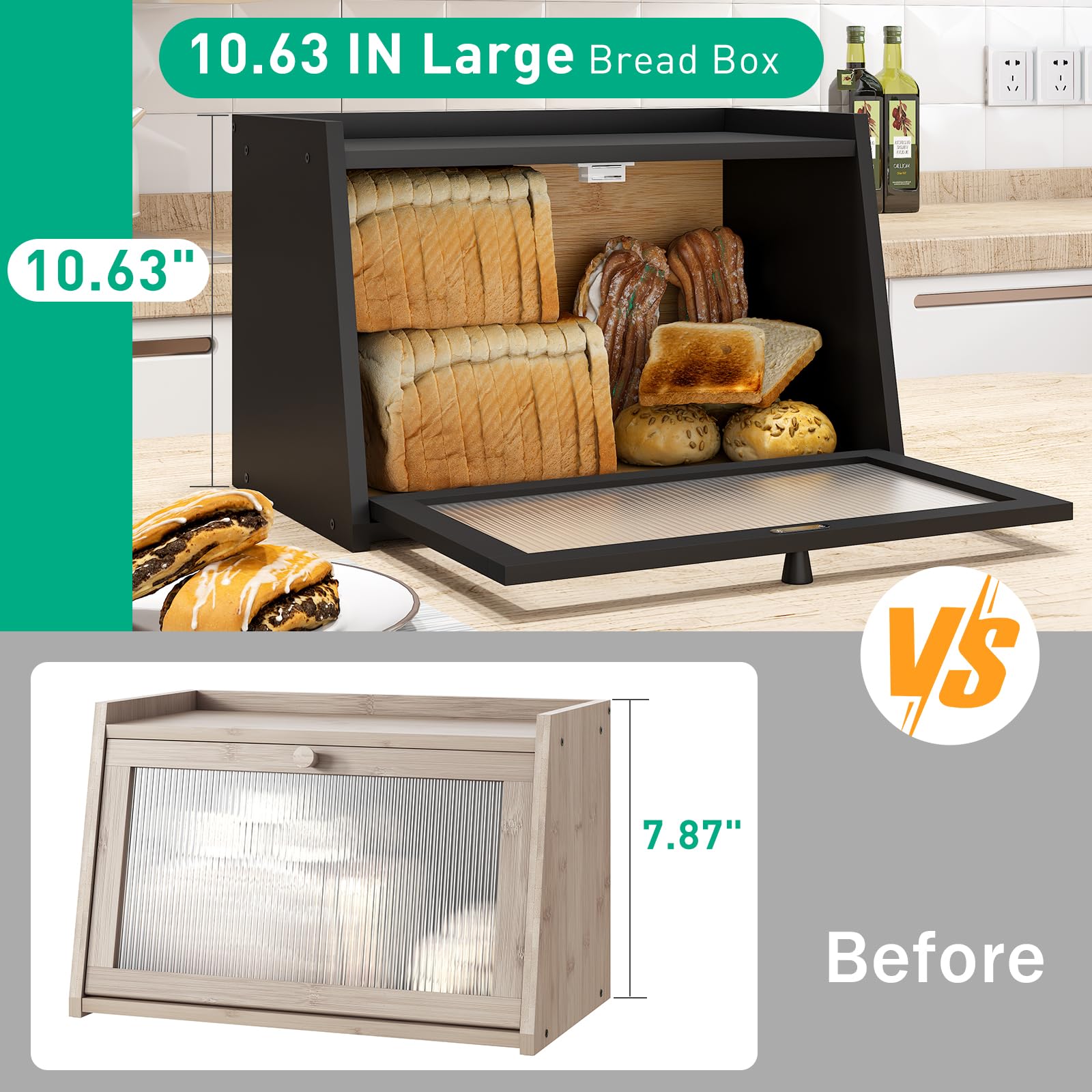Large Bamboo Bread Box with Wavy Acrylic Transparent Door - Farmhouse Style Bread Storage Container for Kitchen Counter | Perfect for Storing Bread, Baguettes, Pastries & Keeping Them Fresh (Black)