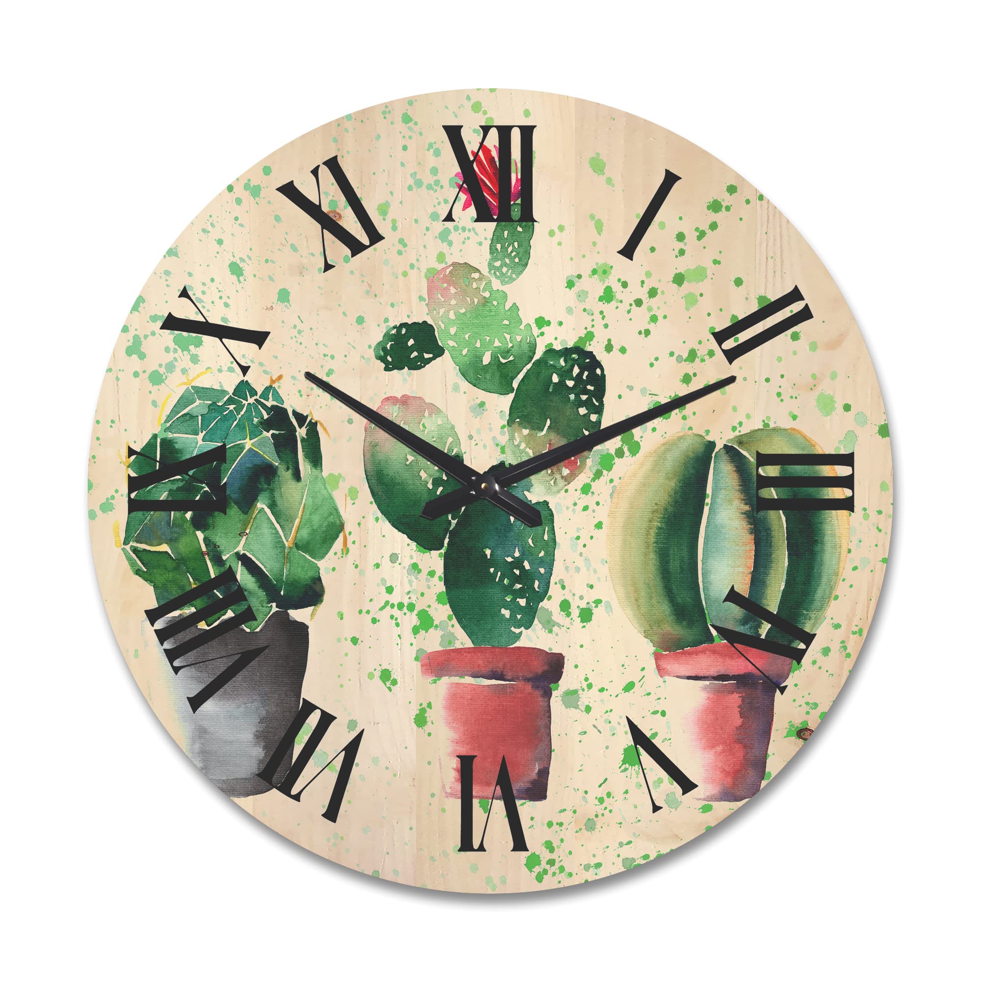 DesignQ Large Traditional Wood Wall Clock with Three Cacti in Clay Pots - Floral & Botanical Decor for Living Room, Bedroom, or Office - Oversized Decorative Wooden Clock with Green Dot Accents
