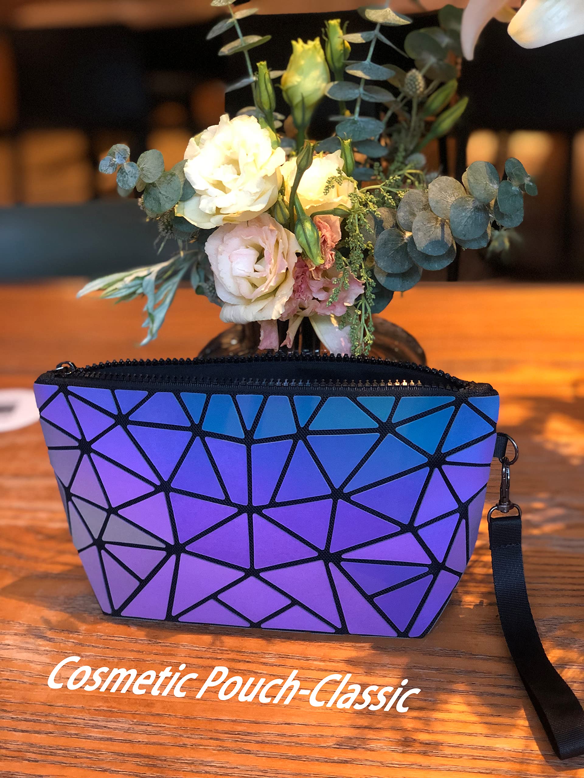 Holographic Makeup Bag for Women - Small Clutch Purse with Geometric Luminous Design, Cosmetic Pouch & Wristlet for Daily Use - Perfect for Travel, Parties, and Gift Giving