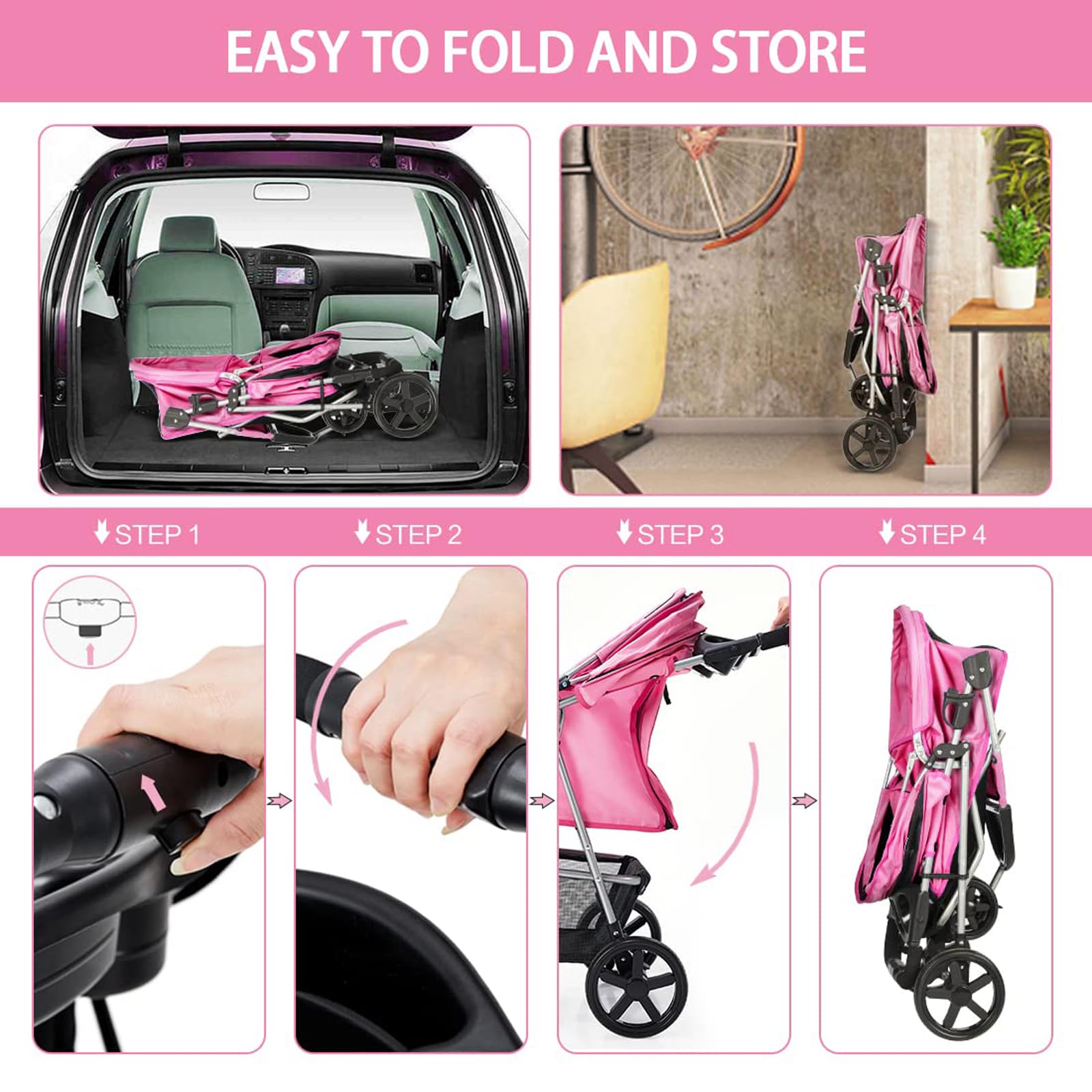 Premium 3-Wheel Pink Pet Stroller for Small Dogs & Cats - Lightweight Folding Design with Storage Basket & Cup Holder - Perfect for Jogging, Shopping & Outdoor Adventures