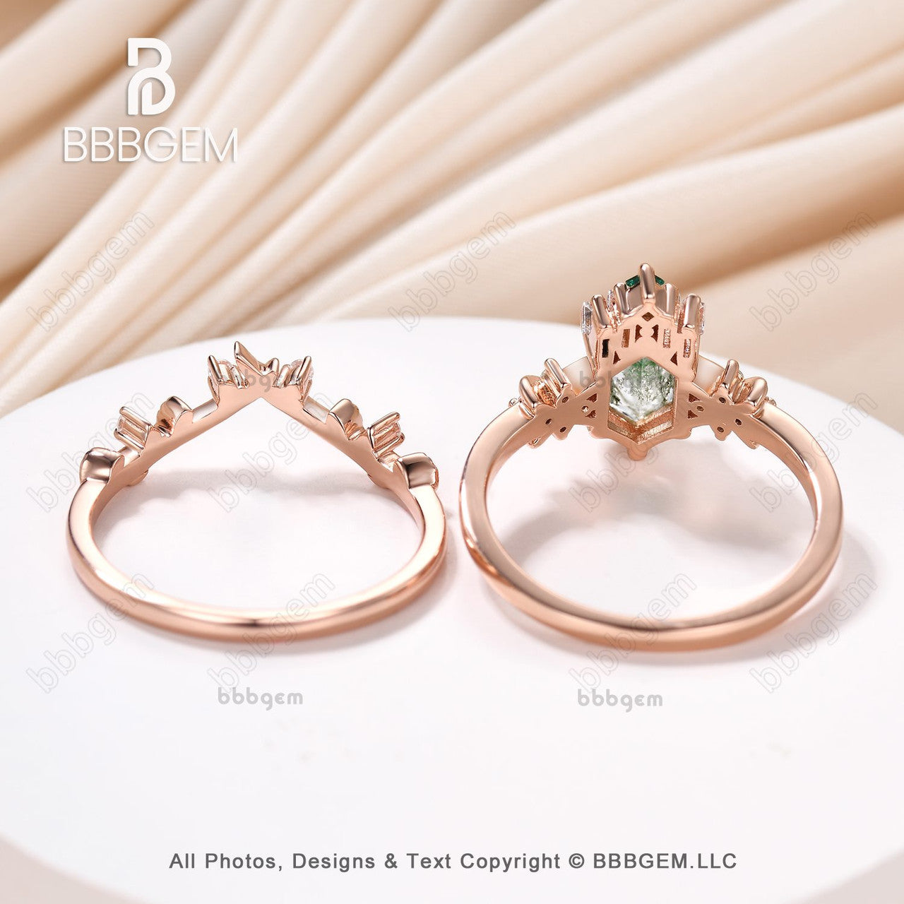 14K Rose Gold Long Hexagon Green Moss Agate Wedding Ring Set - Elegant Elongated Moss Agate Bridal Rings for Engagement, Anniversary & Special Occasions