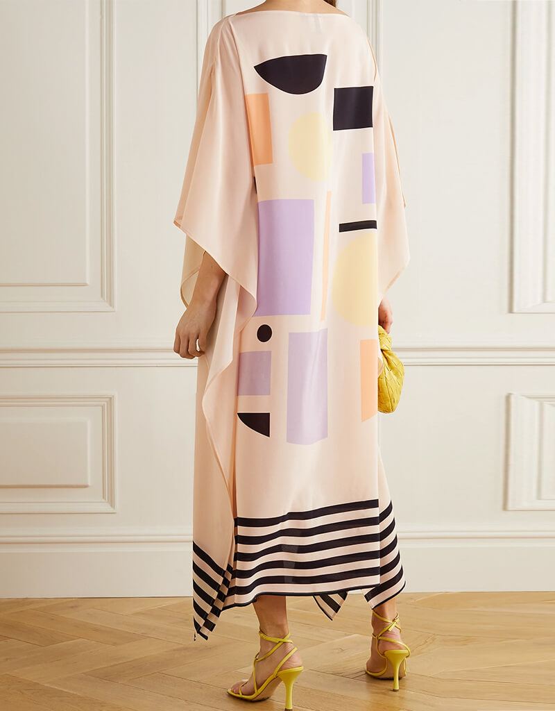 Elegant Beige Soft Silk Crepe Kaftan Dress - Women's Luxury Loungewear & Beach Cover-Up for Summer Vacations