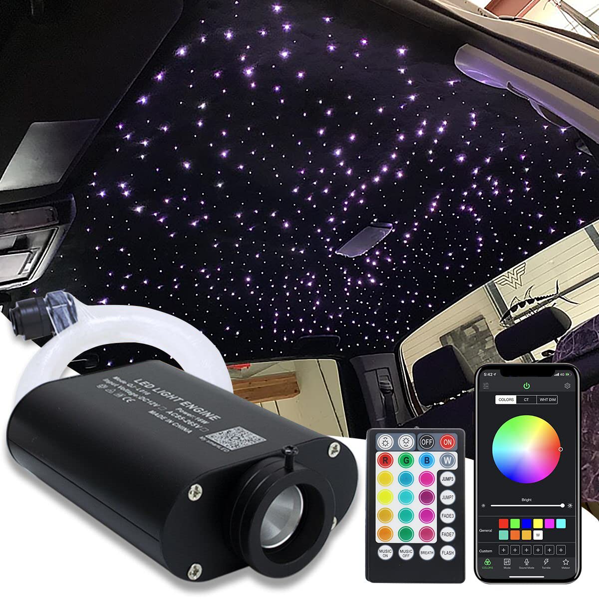 AMKI 16W Fiber Optic Star Ceiling Light Kit with APP & Remote Control - Sound Activated Mode for Car & Home Decoration - 415pcs 0.75mm/1mm/1.5mm Optical Fiber Strands (9.8ft/3m) - Perfect for Bedroom, Theater, and Party Lighting