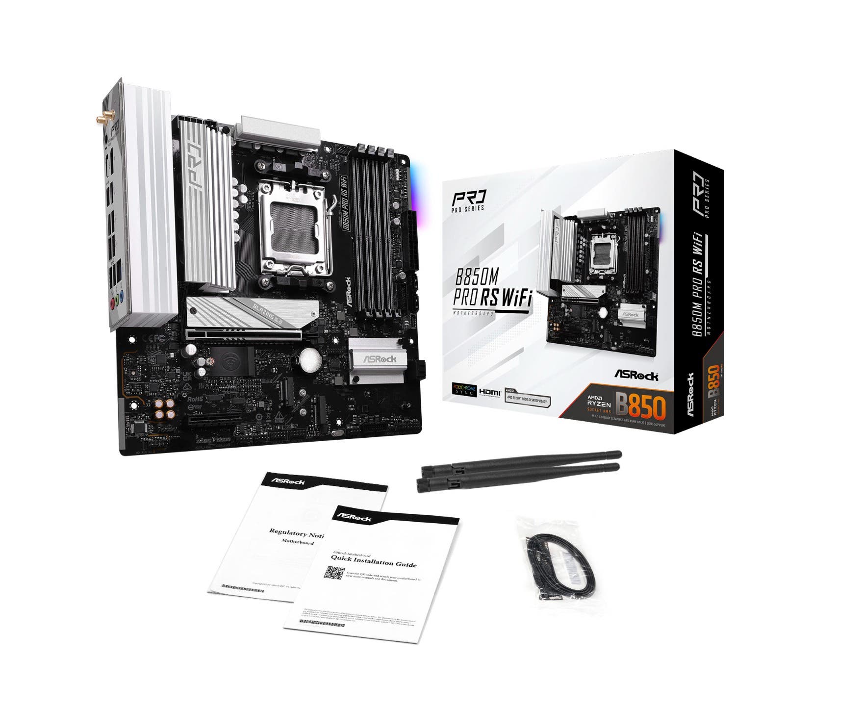 ASRock B850M Pro RS WiFi AMD Ryzen AM5 DDR5 mATX Gaming Motherboard - Supports Ryzen 7000 Series, PCIe 4.0, Dual M.2, USB 3.2 Gen2 - Perfect for Gaming PC Builds & Content Creation Workstations