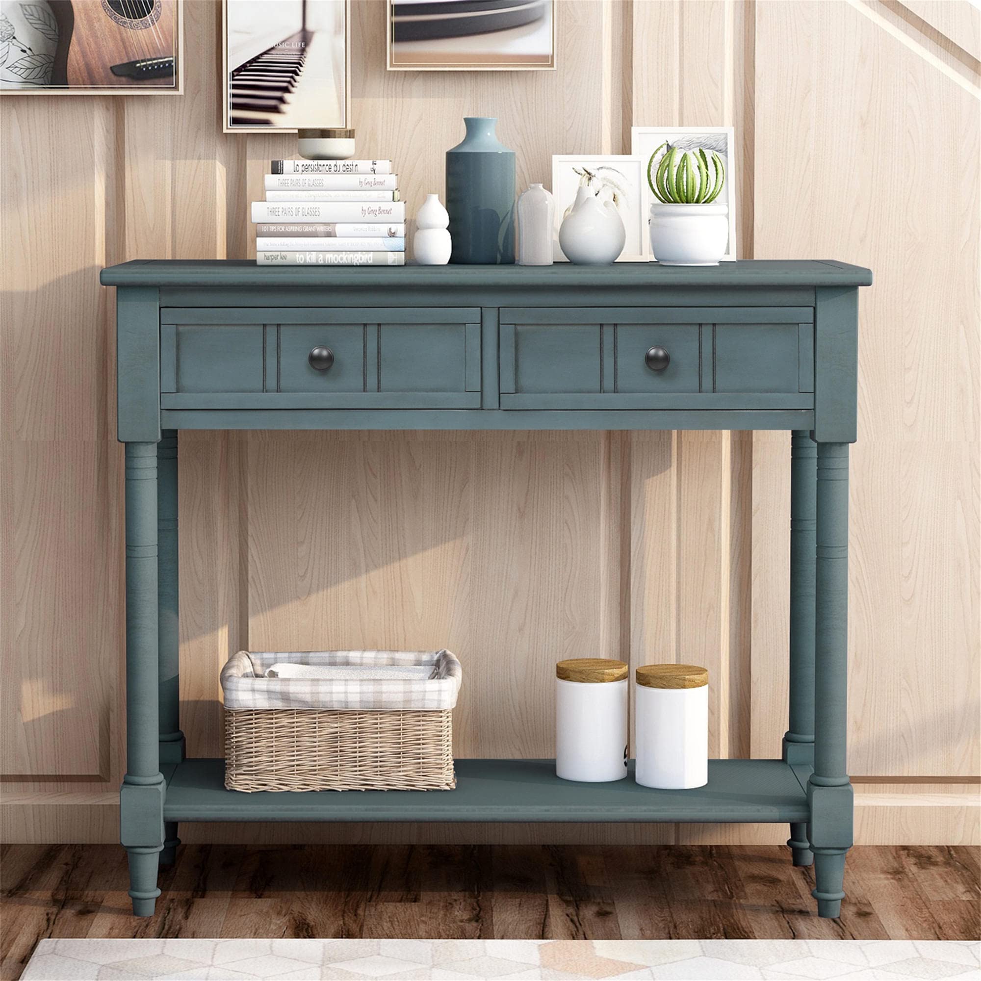 Retro Daisy Series Wood Console Table - Traditional Design with 2 Drawers & Bottom Shelf, Acacia Mangium Sideboard for Living Room, Kitchen, Entryway - Navy Blue | Perfect for Home Decor, Storage & Display in Hallway, Dining Room or Bedroom