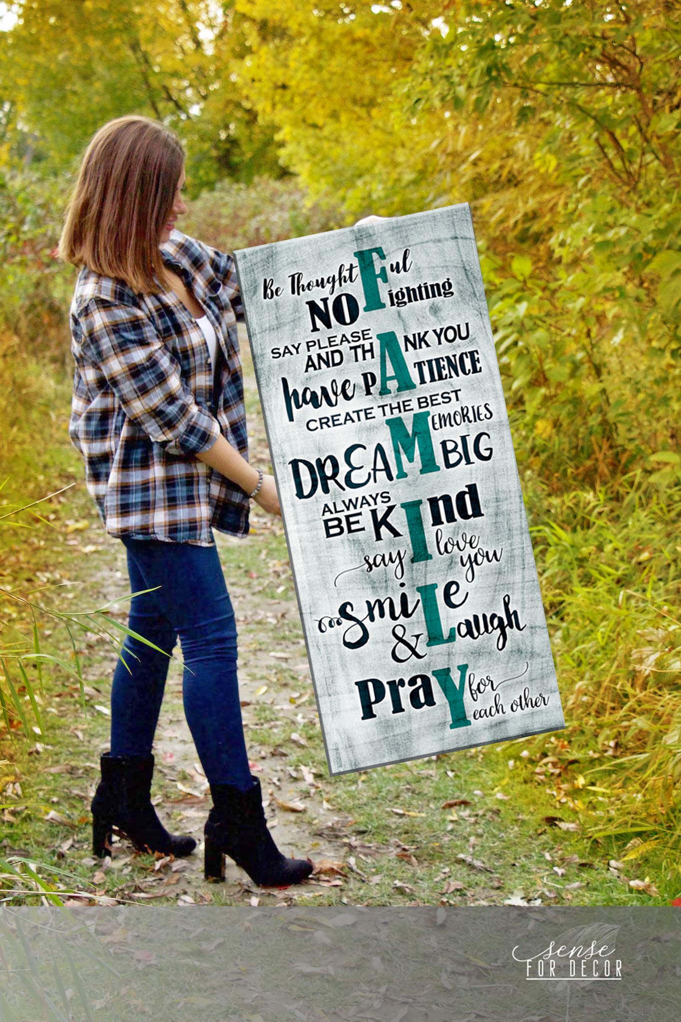 Farmhouse Family Sign Wall Art - Large 27x60 Framed Canvas Décor for Living Room & Family Room - Rustic Home Decor - Perfect for Farmhouse, Modern & Traditional Interiors (Teal)