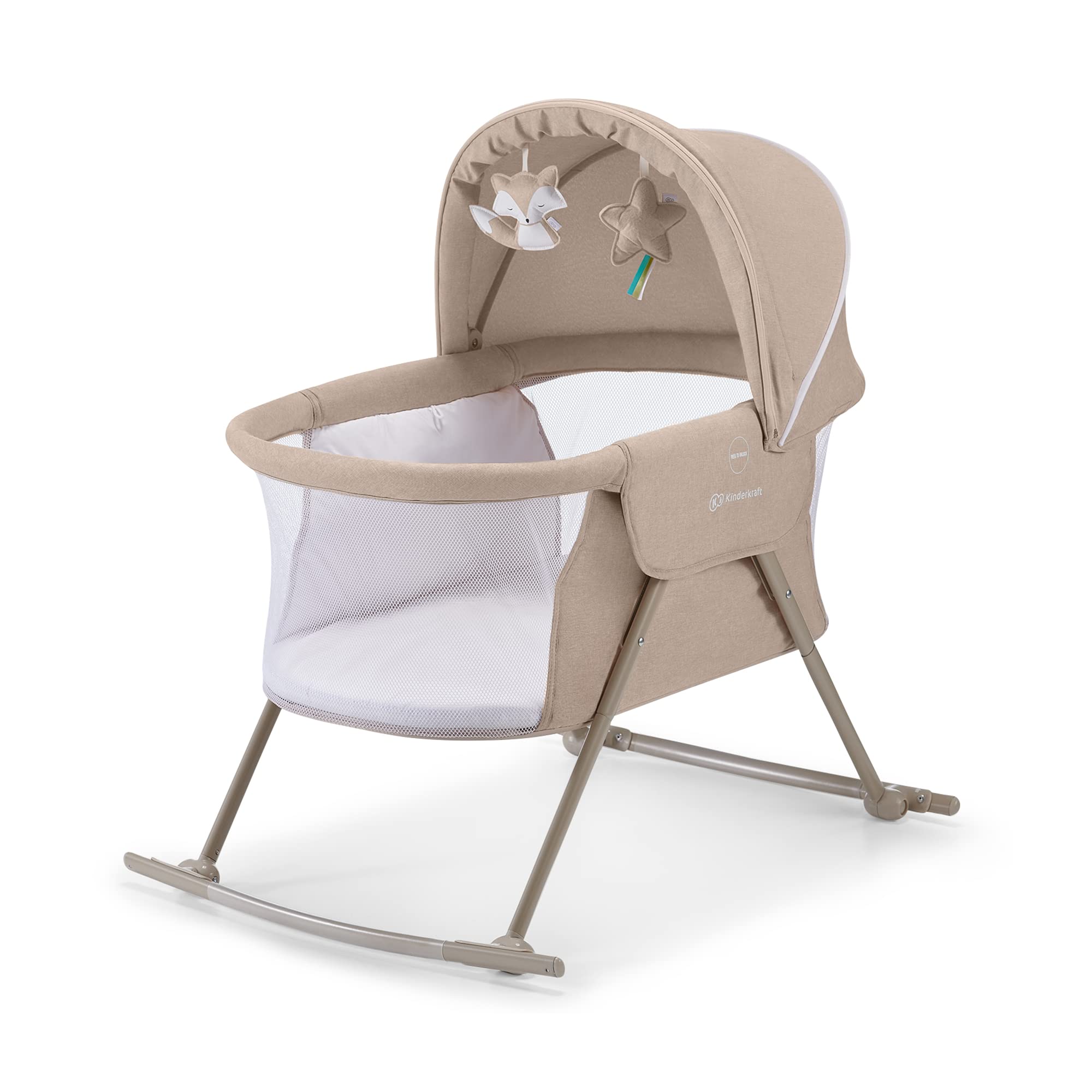 Kinderkraft LOVI Portable Travel Bassinet for Babies - Foldable Baby Bed with Built-in Mosquito Net, Adjustable Hood & Cradle Function - Beige | Perfect for Travel, Camping & Home Use