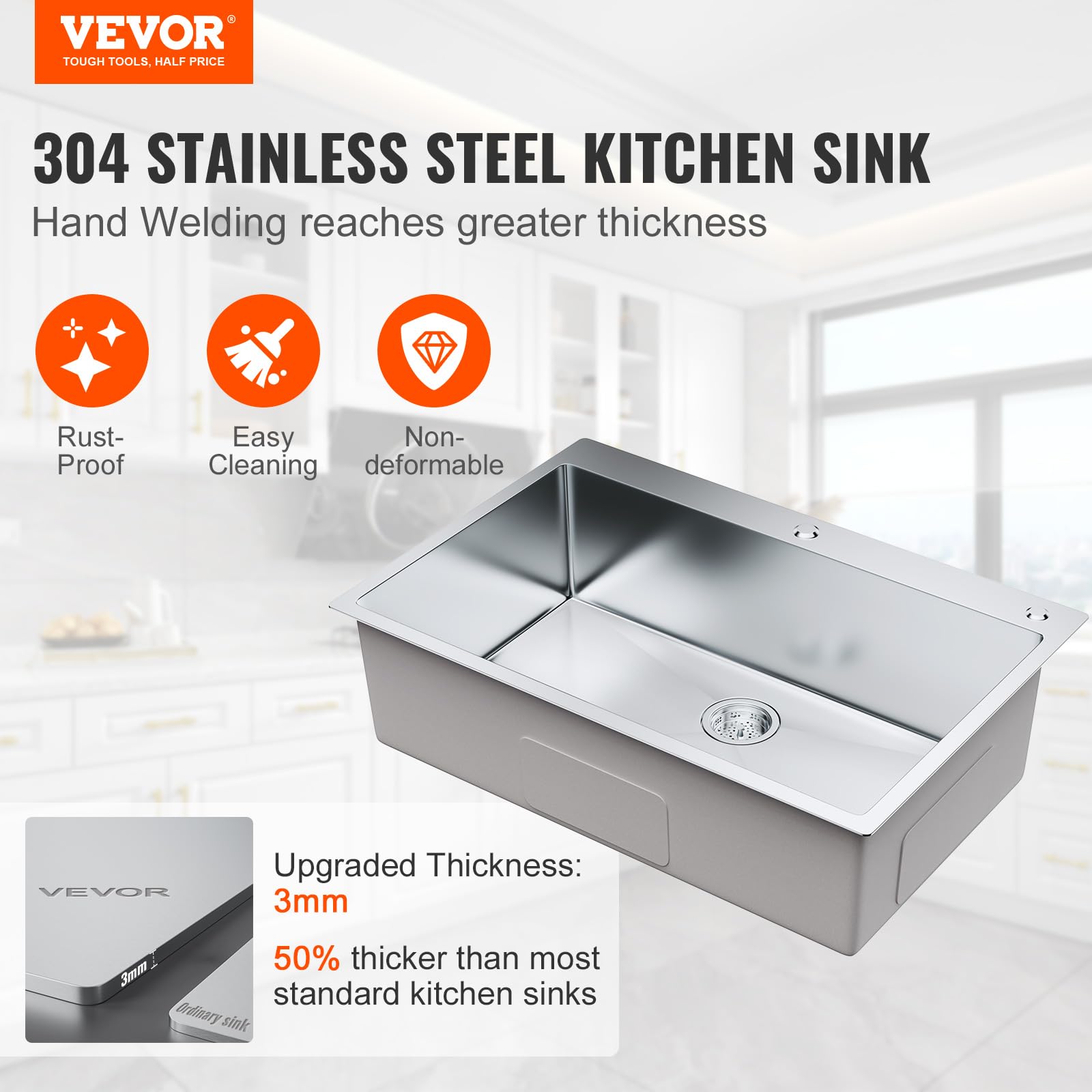 VEVOR 33 Inch 304 Stainless Steel Drop-In Kitchen Sink - Single Bowl Top Mount Sink with Accessories for Dishwasher, Workstation, RV, Prep Kitchen & Bar - Perfect for Home, Restaurant & Commercial Use