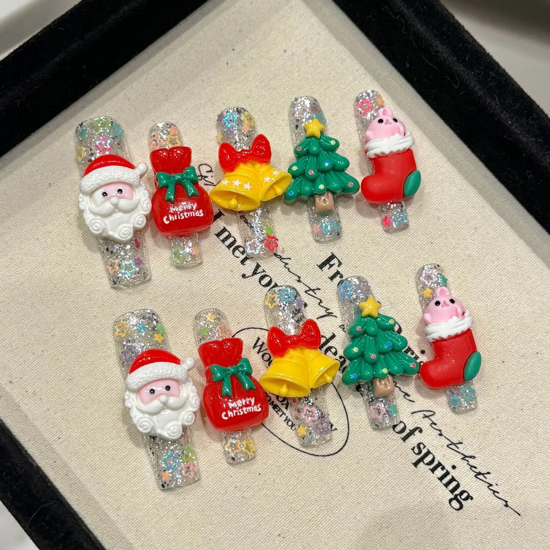 10Pcs 3D Christmas Press on Nails - Handmade Santa & Bow Designs, Winter Snow French Acrylic Fake Nails for Holiday Parties & Gift Giving