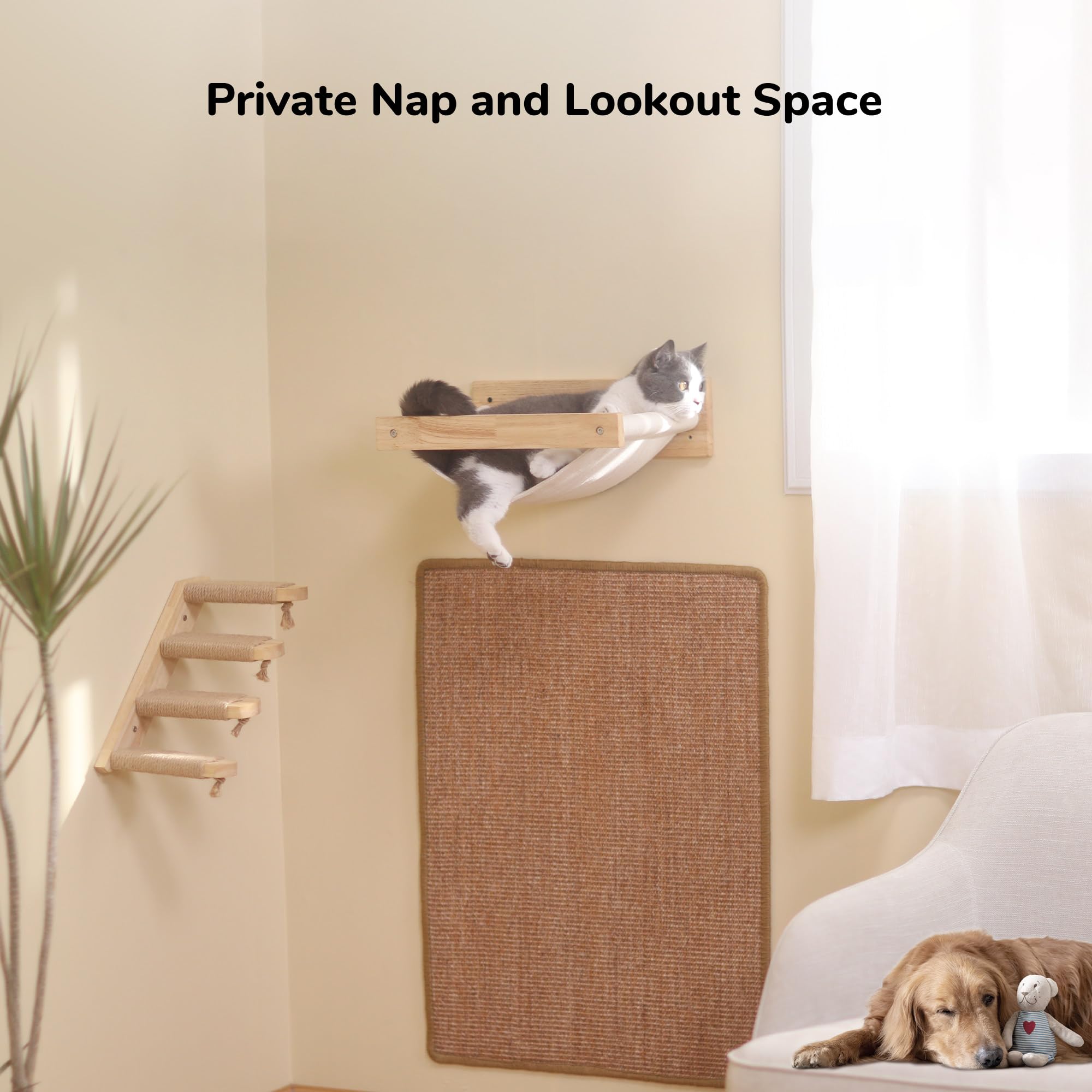 FUKUMARU Wall Mounted Cat Hammock Bed - Wooden Kitten Perch & Climbing Shelf for Sleeping, Playing, Lounging - Stable Cat Wall Furniture with Black Stripe Design - Perfect for Small Spaces & Multi-Cat Homes