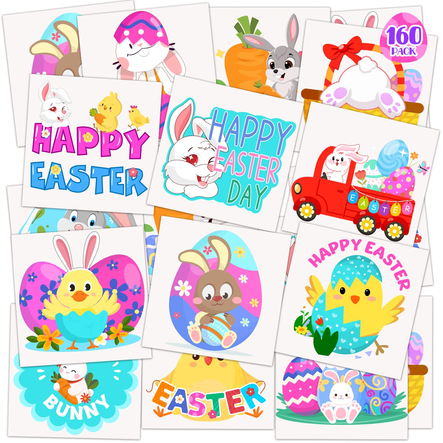 160PCS Easter Temporary Tattoos for Kids - 2 Inch Fake Tattoo Stickers with Easter Eggs, Bunnies & Chicks - Easter Basket Stuffers, Party Favors, Goodie Bag Fillers - Perfect for Easter Celebrations, Egg Hunts & Spring Parties