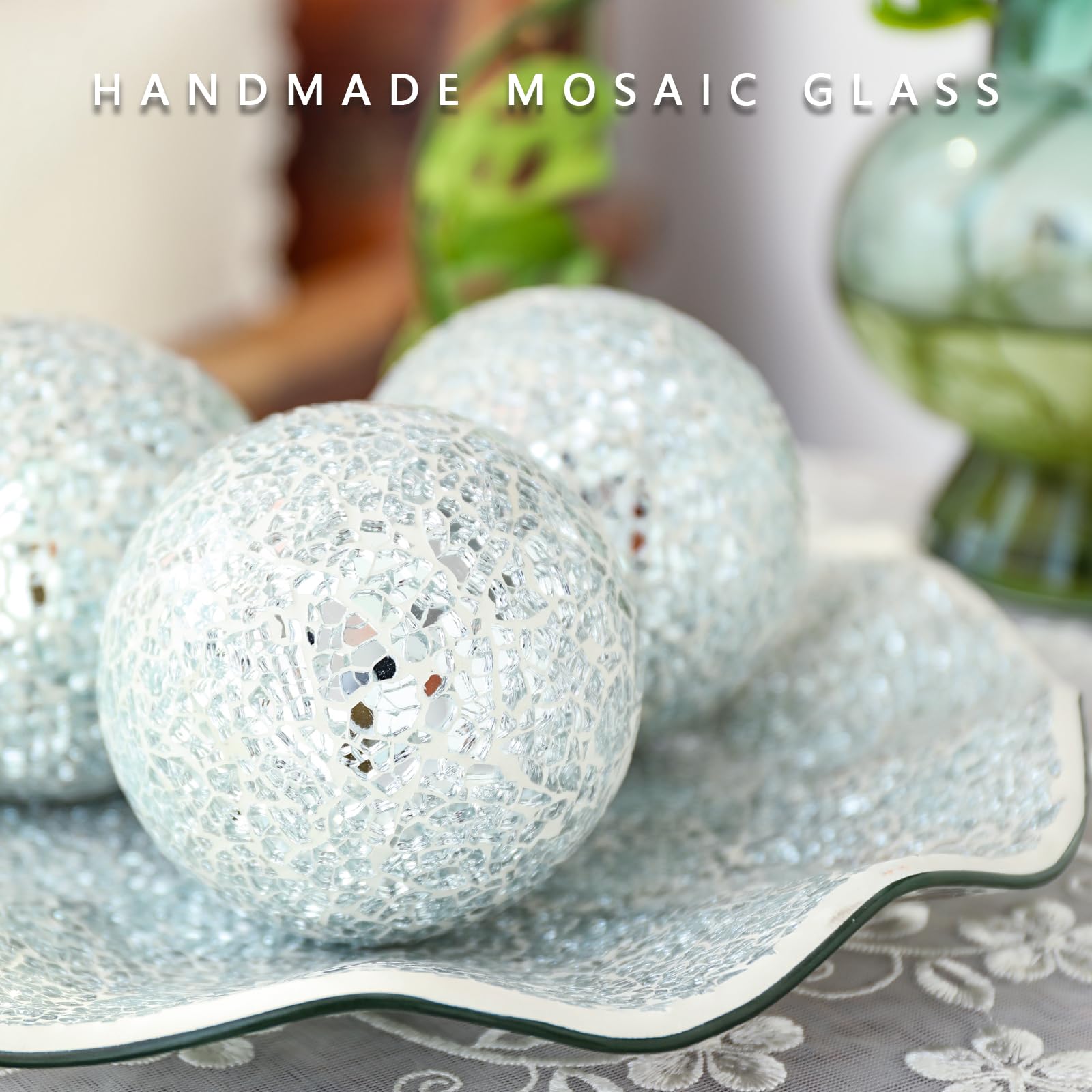 VCUTEKA 4 Inch Decorative Mosaic Glass Balls with Silver Bowl - Elegant Home Decor Centerpiece for Coffee Table, Wedding Party, Holiday Display | Perfect for Living Room, Dining Table, and Event Decorations