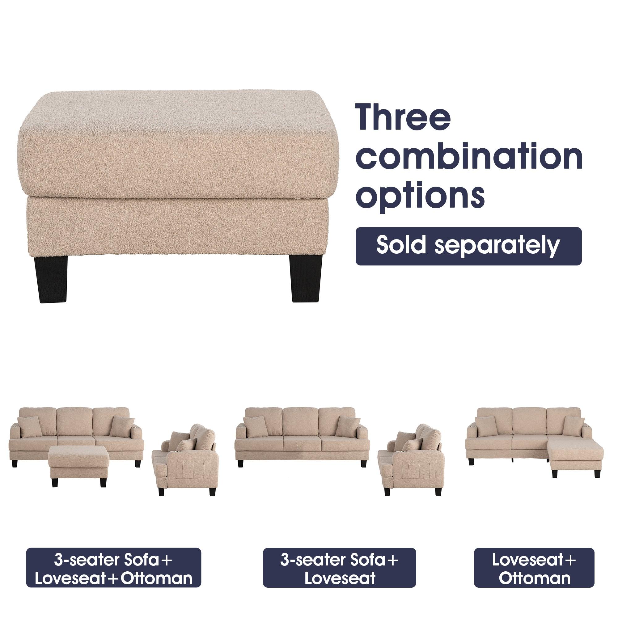 Beige 3-Piece Sofa Set with Storage Ottoman & USB Charging Ports - Modern Living Room Furniture for Small Spaces, Apartments & Home Theater Seating