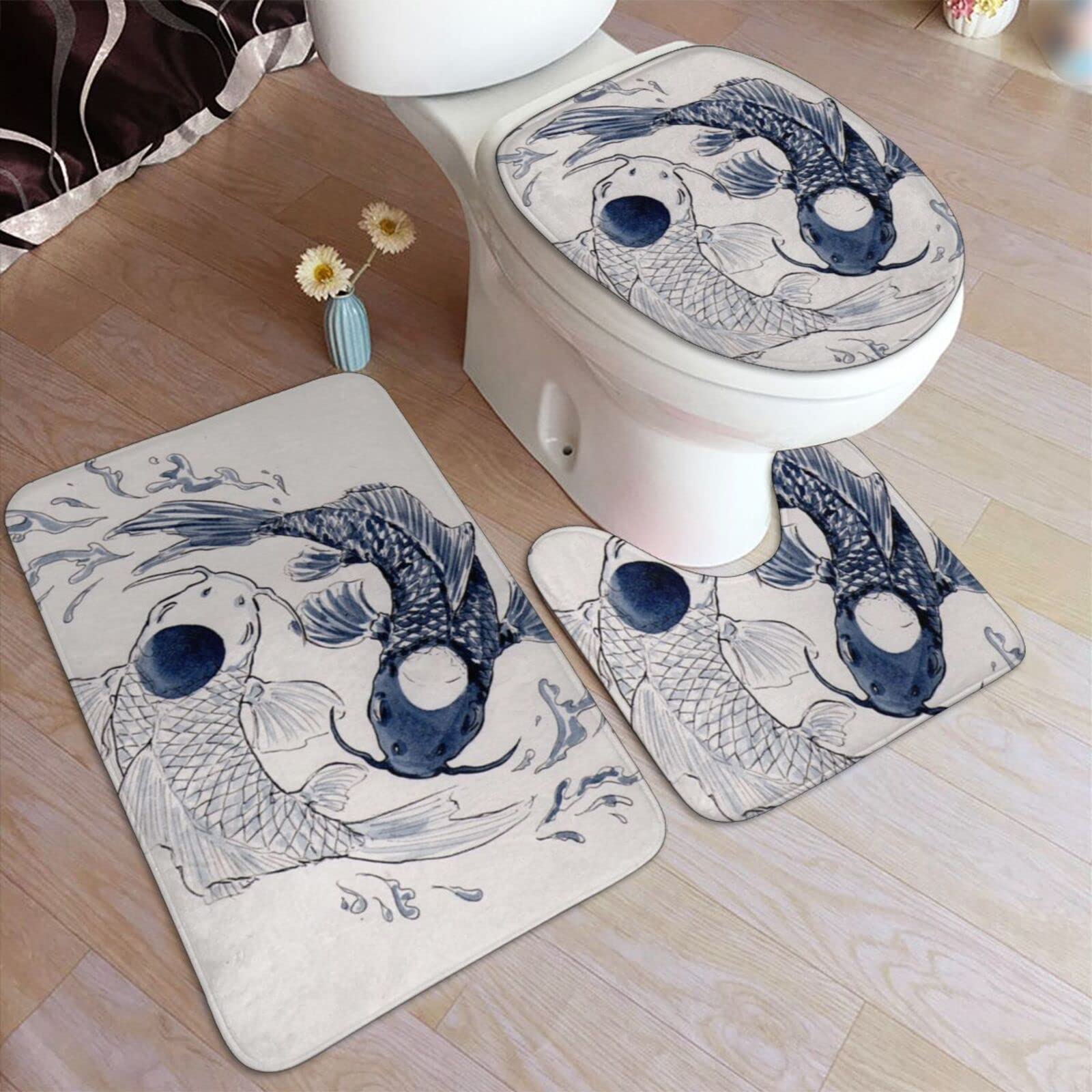 3-Piece Bathroom Rugs Set - Soft Non-Slip Koi Fish Yin Yang Design, Absorbent U-Shaped Contour Rug with Toilet Lid Cover | Perfect for Bathroom, Tub, Shower & Toilet Safety | Cozy Home Decor for Modern Bathrooms