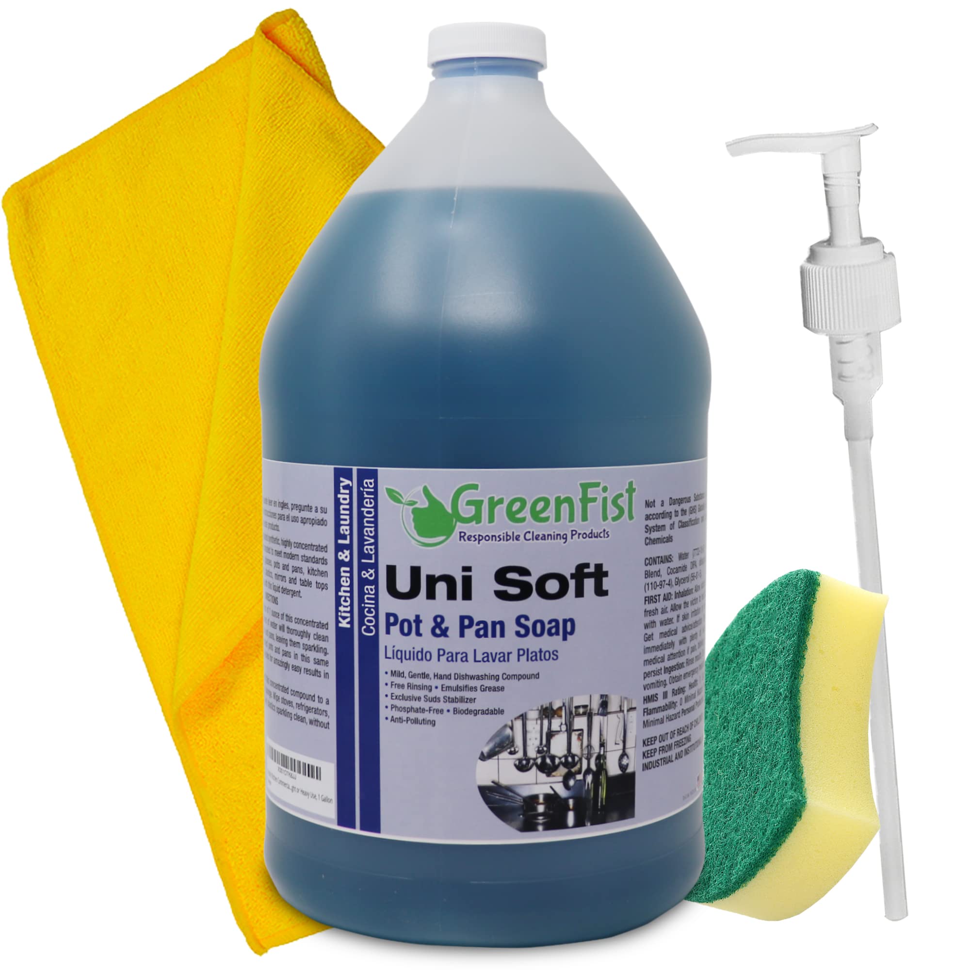 Unisoft Commercial Dish Soap Concentrate for Pots & Pans - Heavy Duty Degreaser (1 Gallon with Sponge, Pump & Microfiber Towel) - Ideal for Restaurant, Catering & Home Kitchen Deep Cleaning
