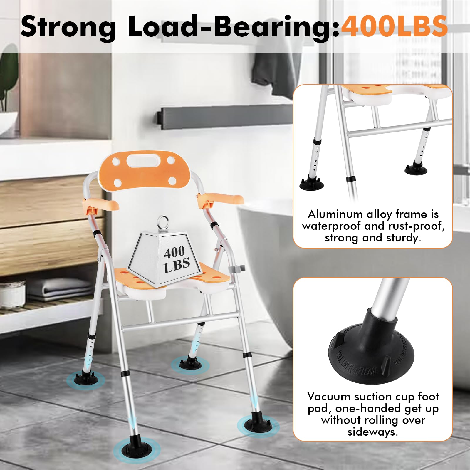 Foldable Shower Chair with Arms & Back - Adjustable Height (6 Levels) for Elderly, Pregnant & Disabled - 440lbs Weight Capacity - Non-Slip Bath Seat with Cutout Design - Perfect for Safe Bathing & Private Washing in Home & Hospital Settings