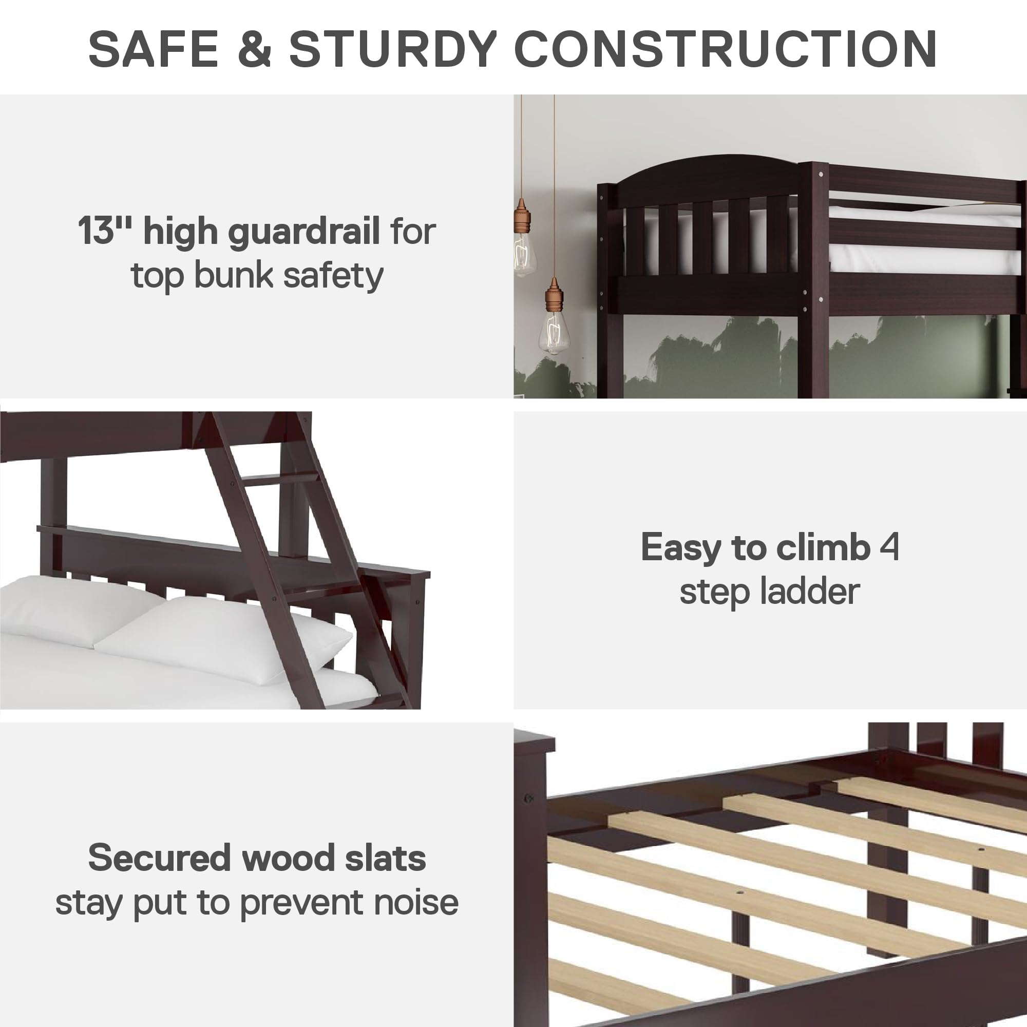 DHP Airlie Convertible Wood Bunk Bed for Kids & Teens - Twin Over Full Stackable Detachable Bed Frame with Angled Ladder & High Guardrail - No Box Spring Needed - Espresso Finish - Perfect for Small Bedrooms, Shared Kids Rooms & Sleepovers