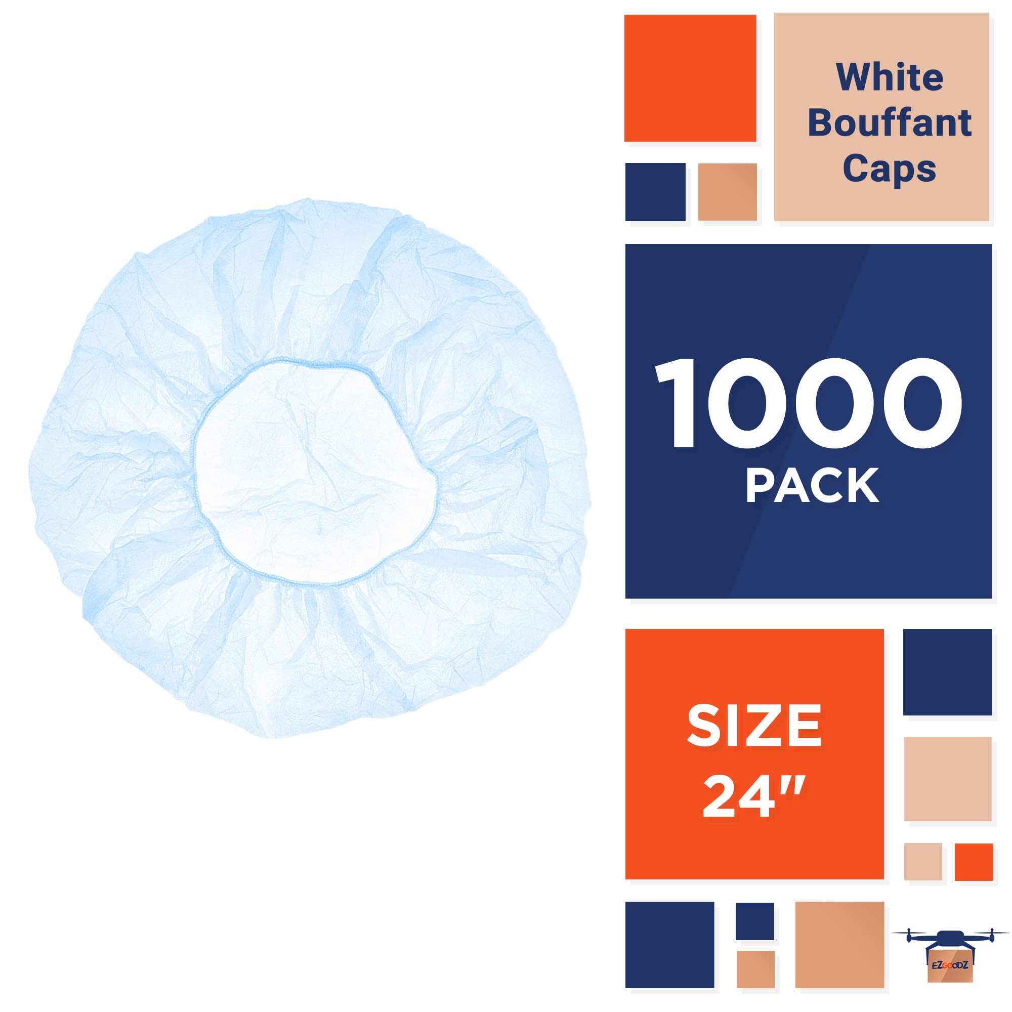 EZGOODZ Disposable Bouffant Caps - 100 Pack Non-Woven PP Hair Covers with Elastic Band, Breathable Unisex Surgical Caps for Medical, Food Service & Salon Use