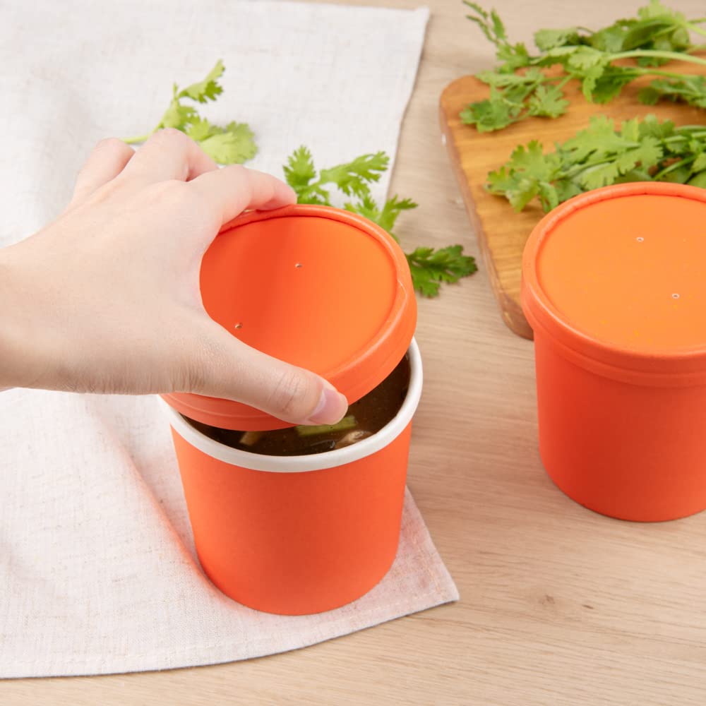 Restaurantware Bio Tek Vented Lids - 25 Pack for 8/12 oz Soup Containers | Microwave Safe Orange Paper Lids for Hot & Cold Foods | Perfect for Takeout, Catering, and Food Delivery Services