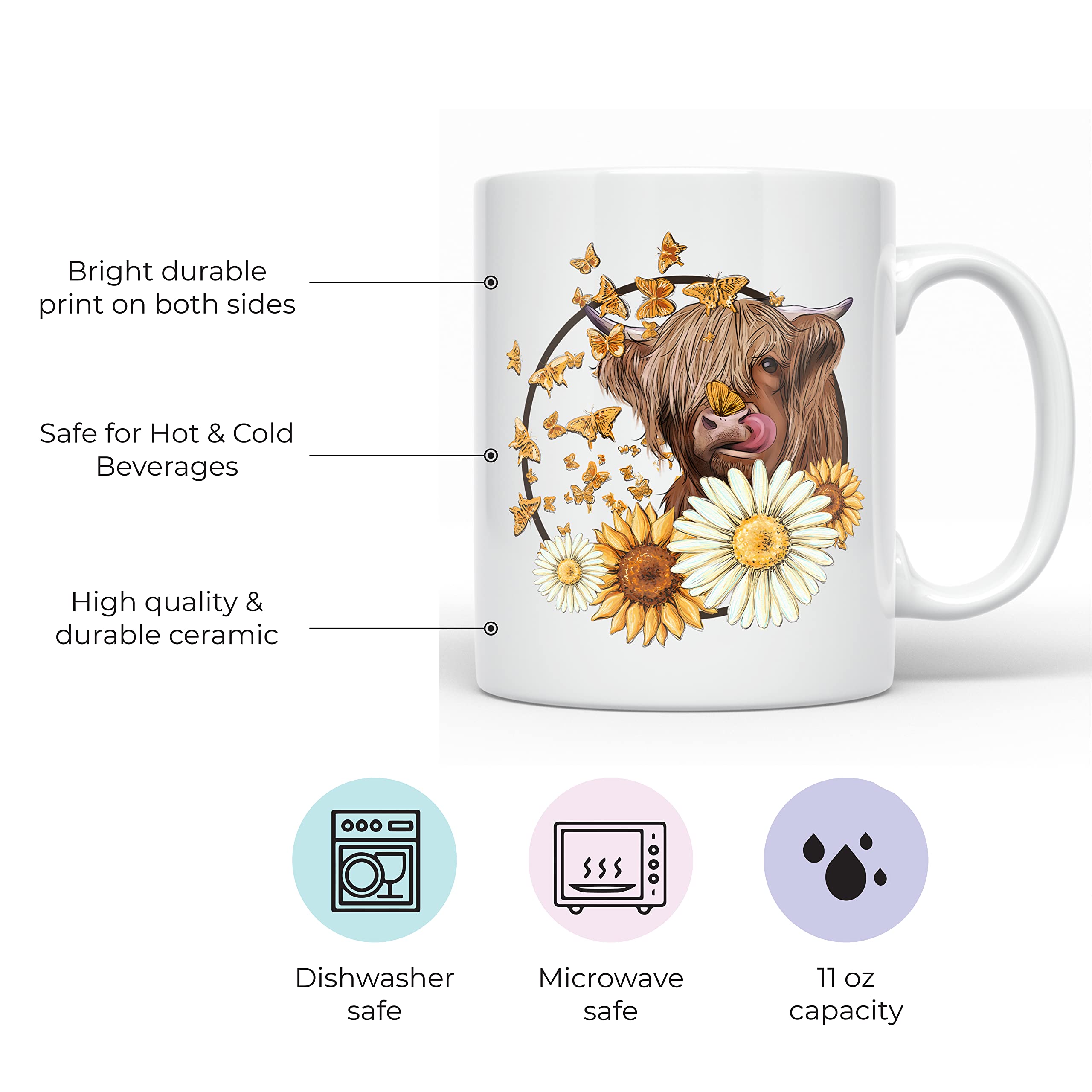 YouNique Designs 11oz Highland Cow Coffee Mug - Cute Cow Print Ceramic Cup for Women, Farmhouse Style White Cow Themed Mug - Perfect for Coffee, Tea, Hot Chocolate & Farmhouse Decor