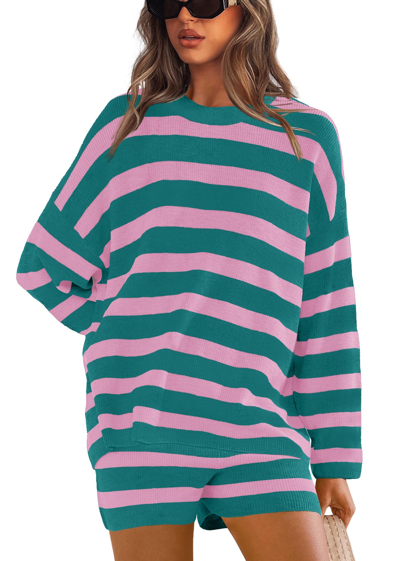 Yanekop Women's Striped Sweater & Shorts Lounge Set - Oversized 2-Piece Pajama Set with Long Sleeve Tunic | Cozy Loungewear for Home, Sleep & Relaxation