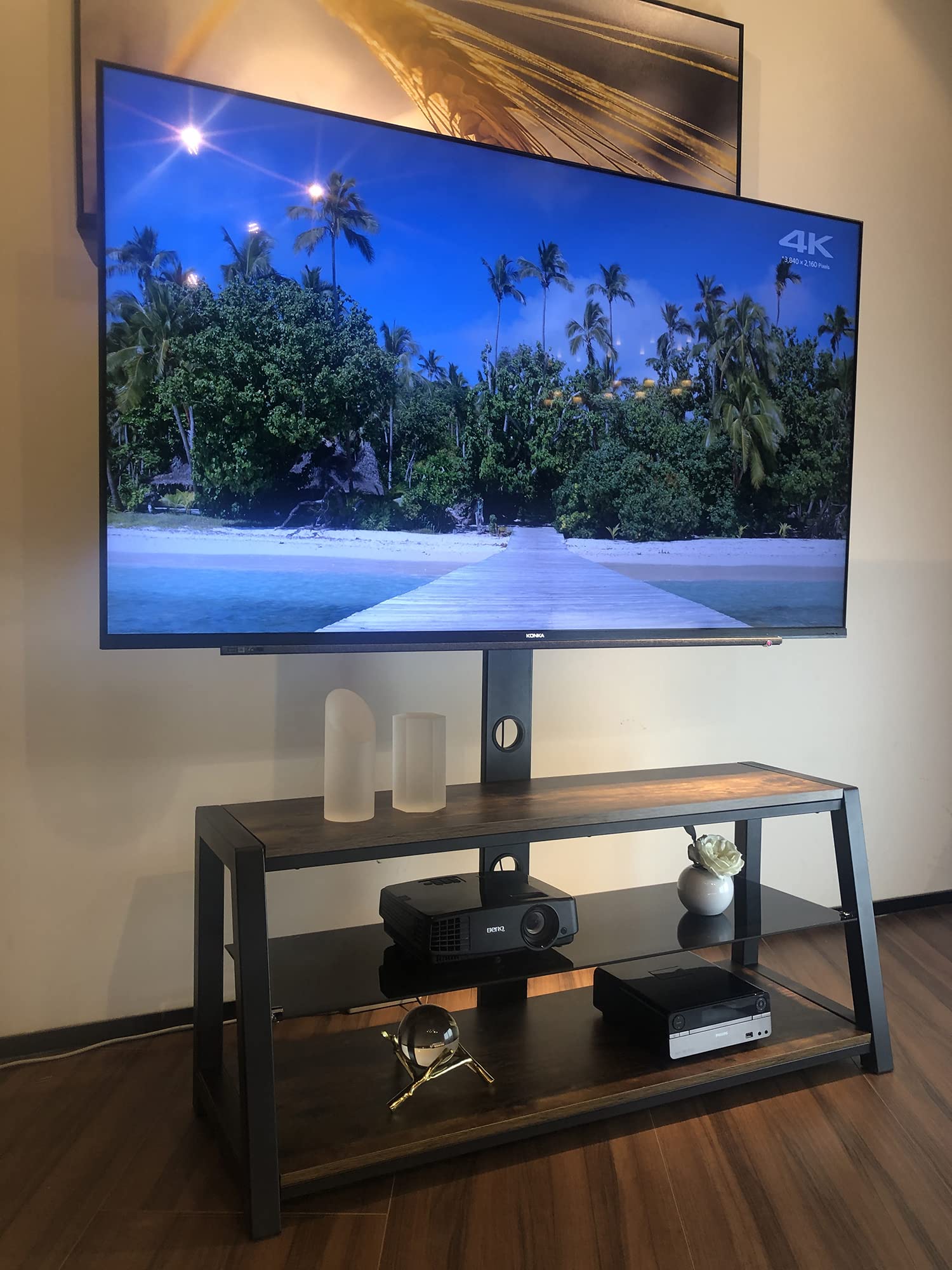 Black Wooden TV Stand with Tempered Glass - Adjustable Height, Universal Swivel Design for Flat Screen TVs - Perfect for Living Room, Bedroom & Home Theater Entertainment Centers