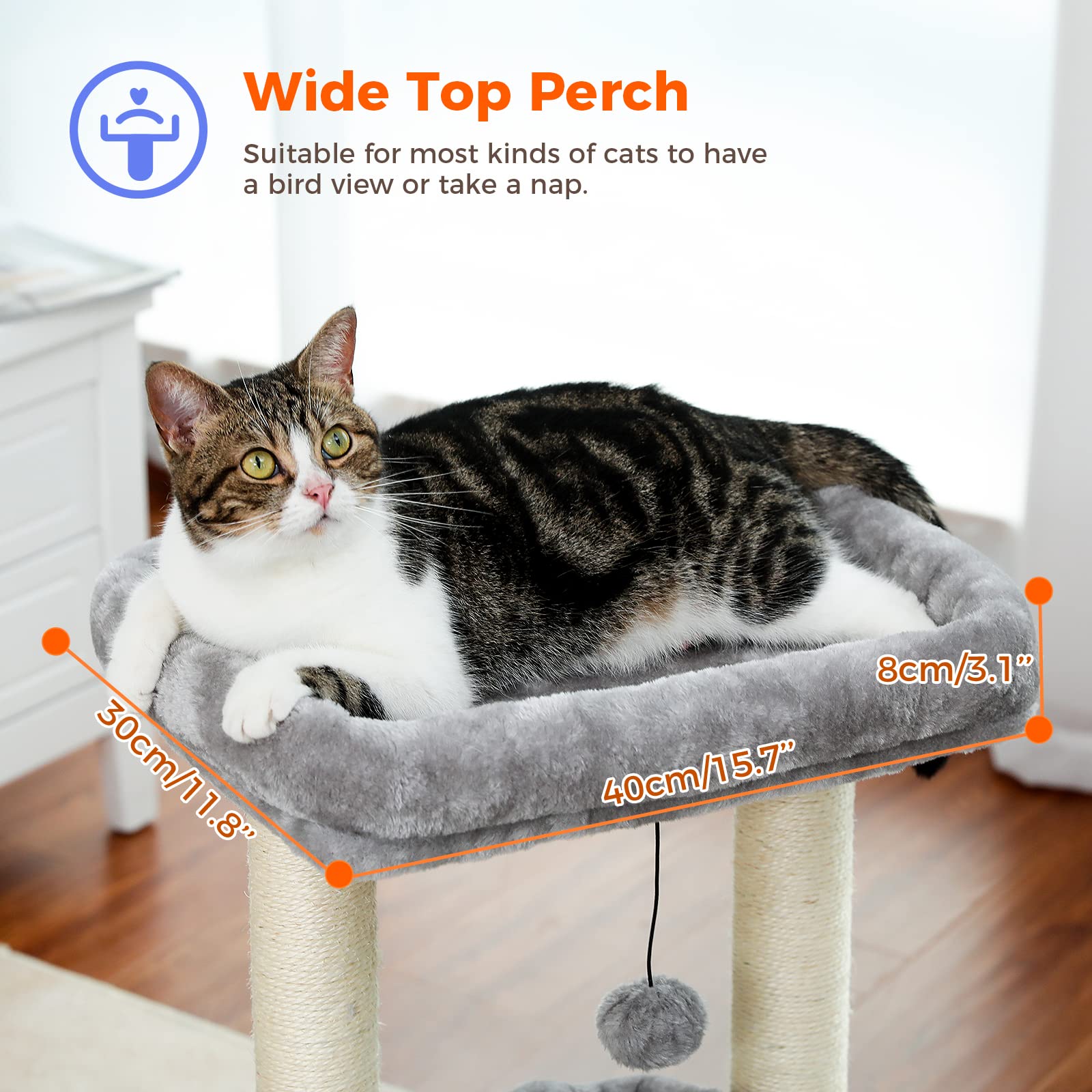 PAWZ Road Multi-Level Cat Tree with Sisal Scratching Post, Soft Cat Condo & Plush Pompom - Grey Indoor Cat Tower for Play, Rest & Climbing | Perfect for Small Spaces & Kitty Exercise