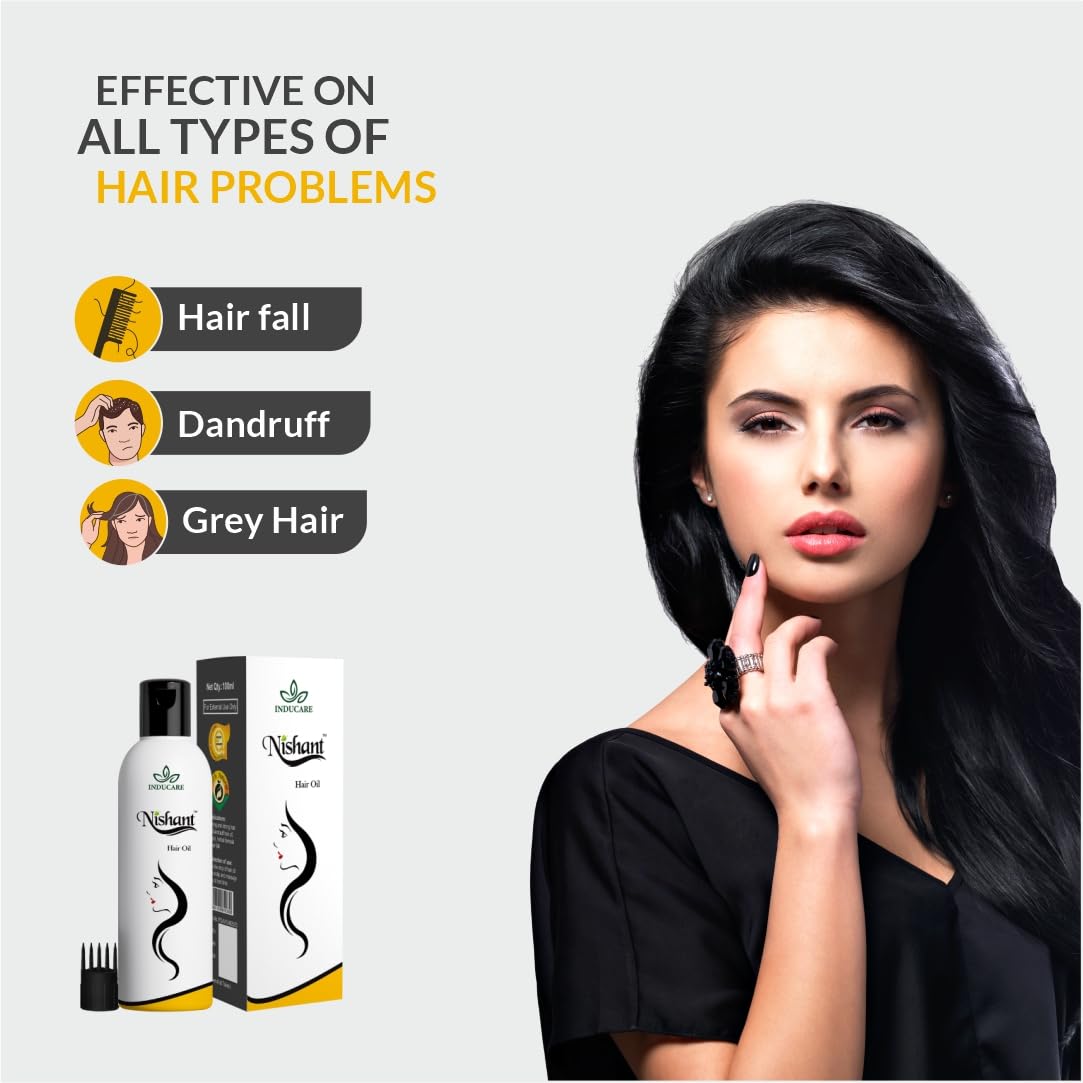 Inducare Nishant Hair Oil for Gray Hair Prevention, Hair Fall Control & Dandruff Treatment | Promotes Long & Strong Hair Growth | Enriched with Bhringraj & Aloe Vera (Kumari) | Scalp Nourishment & Hair Care Solution | 100ml | Perfect for Daily Hair Care Routine & Natural Gray Hair Management