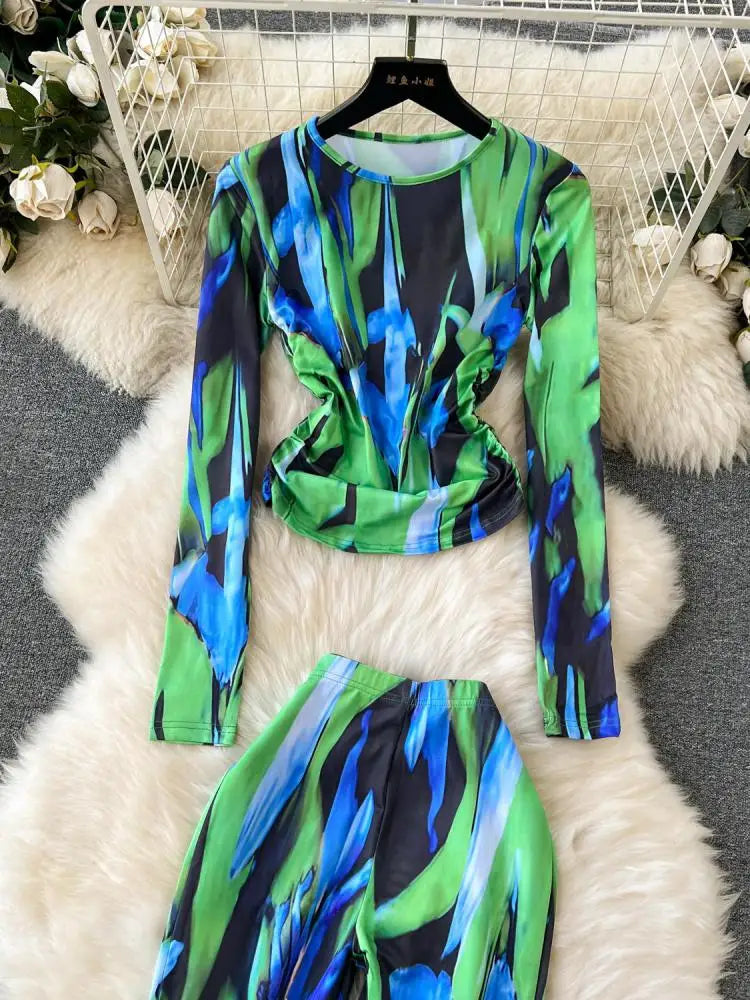 Y2K Fashion Women's Autumn Print Long Sleeve Round Neck Pleated Top + High Waist Straight Flare Pants Two-Piece Set | Trendy Outfit for Fall, Casual Wear, Street Style & Retro Fashion