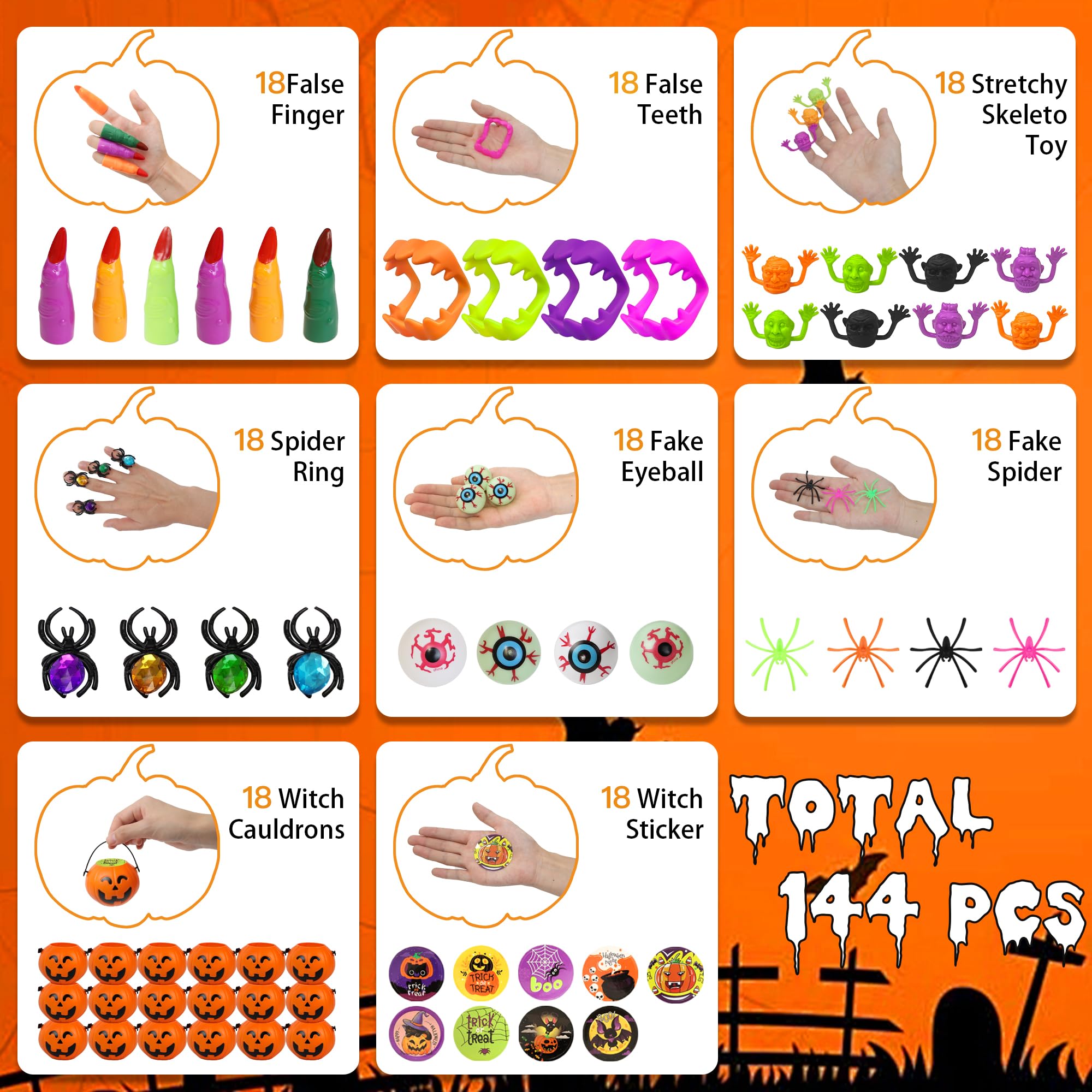 144 Pcs Halloween Party Favors for Kids - 18 Pack Prefilled Mini Pumpkin Toy Boxes Bulk Halloween Prizes, Trick or Treat Gifts, Classroom Rewards & Party Supplies for Halloween Festivities