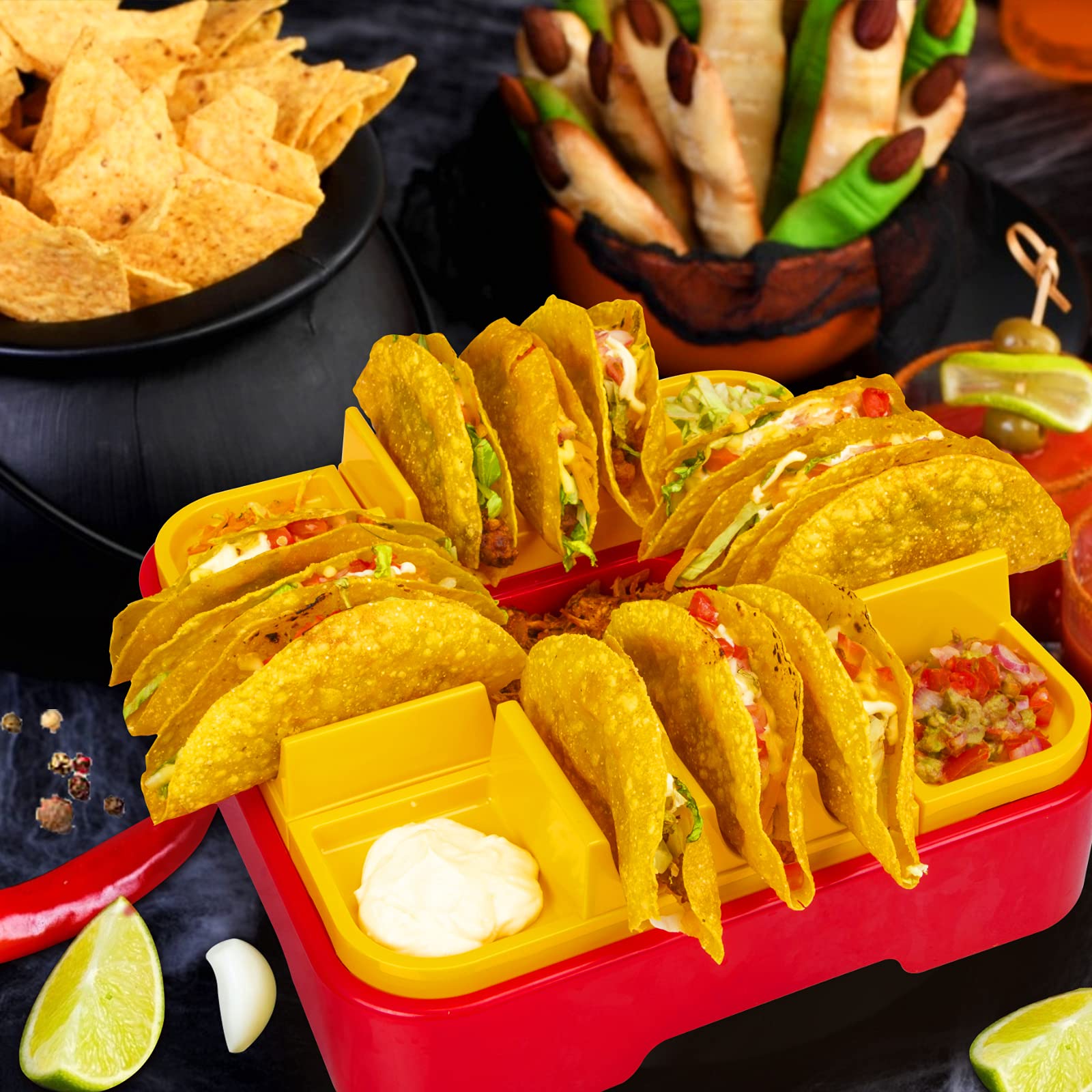 Taco Holder Stand Set - 4 Pack Stackable Taco Holders for Nachos & Tortillas | Perfect for Taco Tuesday Parties & Family Taco Nights | Durable Taco Bar Serving Platter for Entertaining & Gatherings