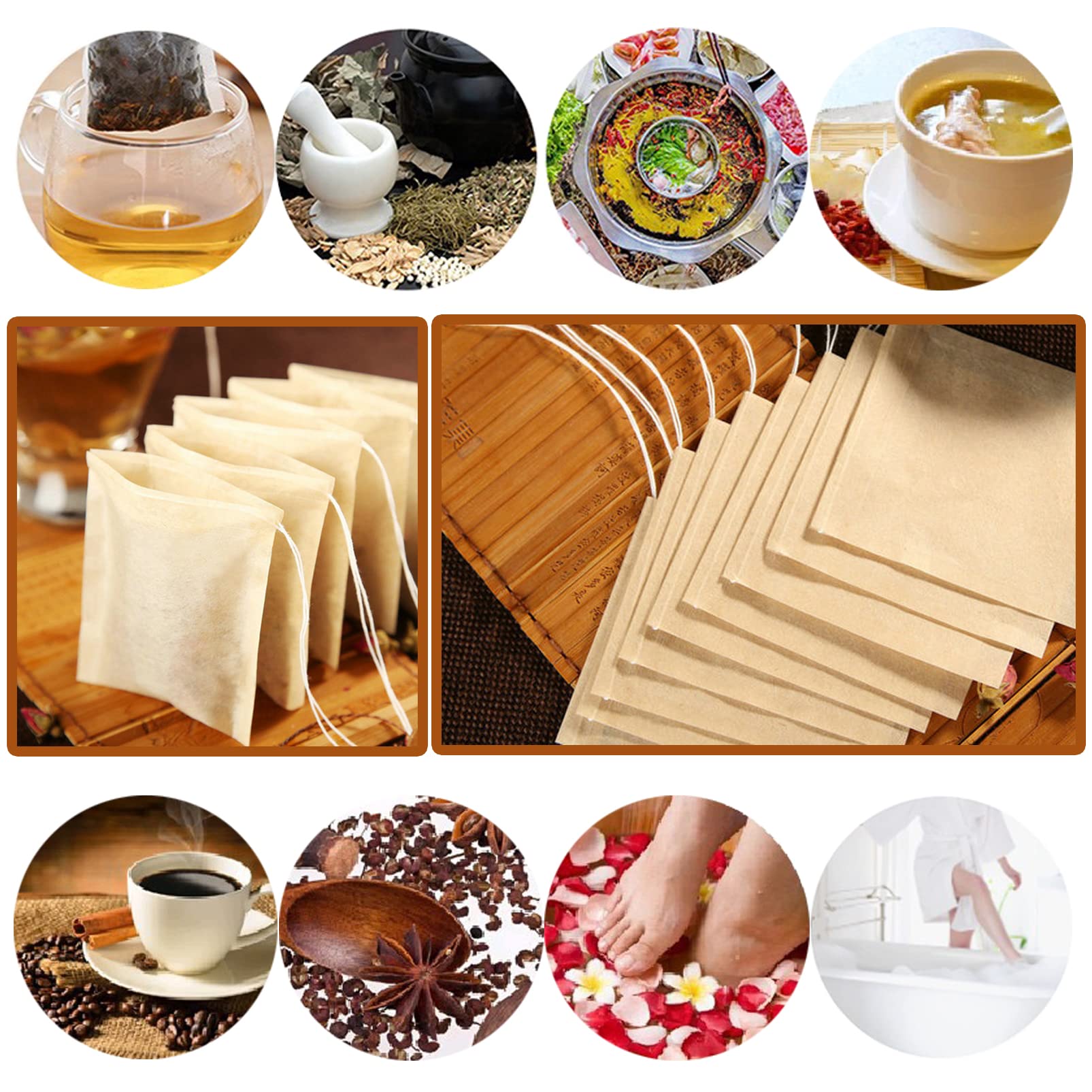 SYCARON 200 Count Disposable Tea Bags for Loose Leaf Tea & Coffee - Natural Paper Filter Bags with Drawstring (3.54 x 2.75 Inch) - Perfect for Home Brewing, Office Use & Tea Gift Packaging