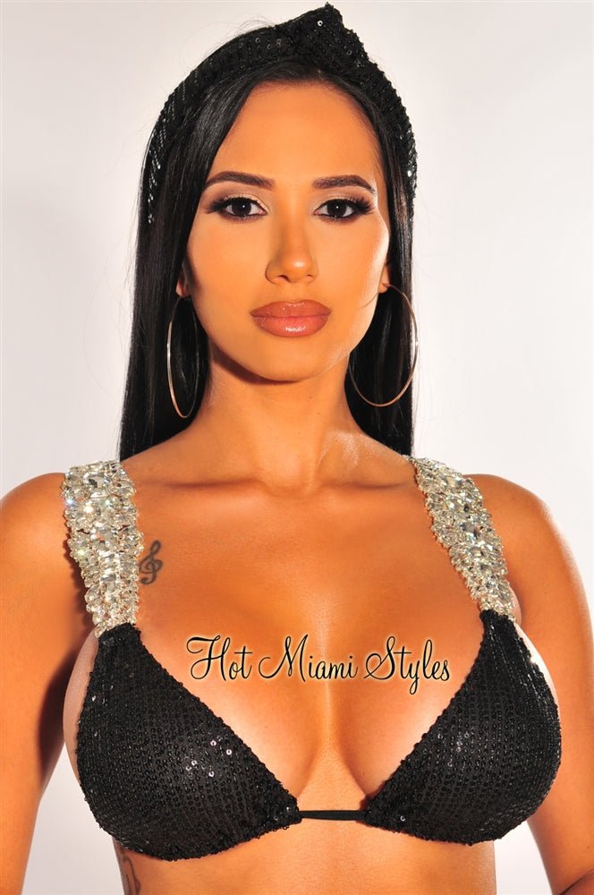 Black Sequin Jeweled Push-Up Scrunch Butt Bikini Set with Headband - Sexy Swimwear for Beach, Pool Party & Vacation