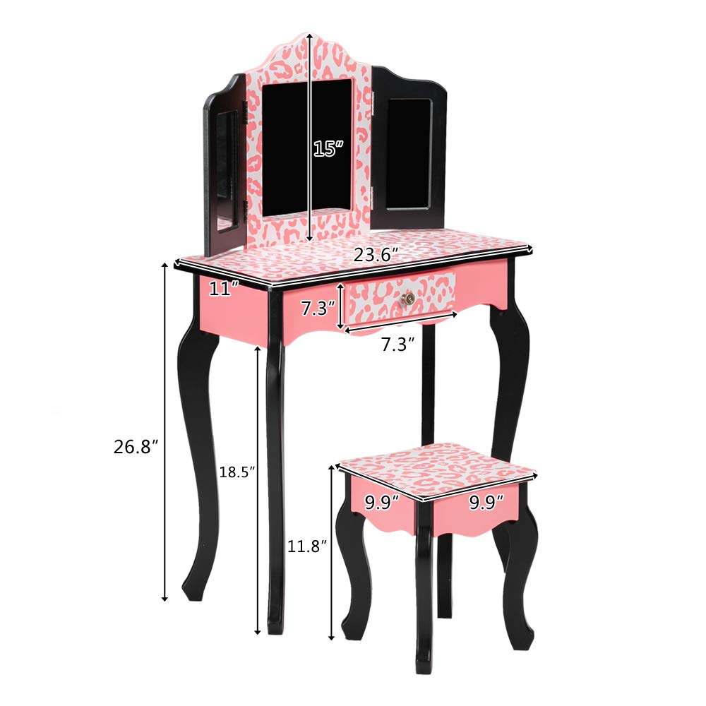 Bonnlo Kids Vanity Set - Modern Princess Vanity Table with Stool & Tri-Folding Mirror, Girls Makeup Dressing Table with Drawer, Perfect for Bedroom Decor & Pretend Play (Pink/White) - Ideal for Birthday Gifts, Room Makeover & Dress-Up Playtime