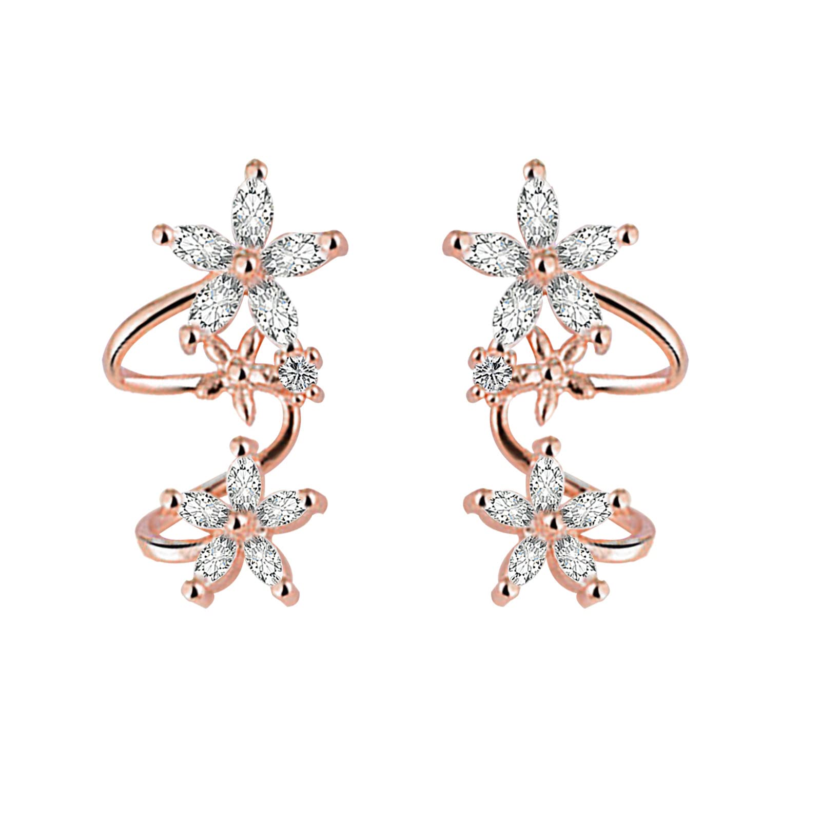 Silver Ear Cuffs with Zirconia Charms - Rose Gold Plated Dangle Earrings for Women | Teardrop Crystal Flower Stud Earrings | Hoop & Clip On Ear Jewelry | Perfect for Parties, Weddings & Everyday Wear