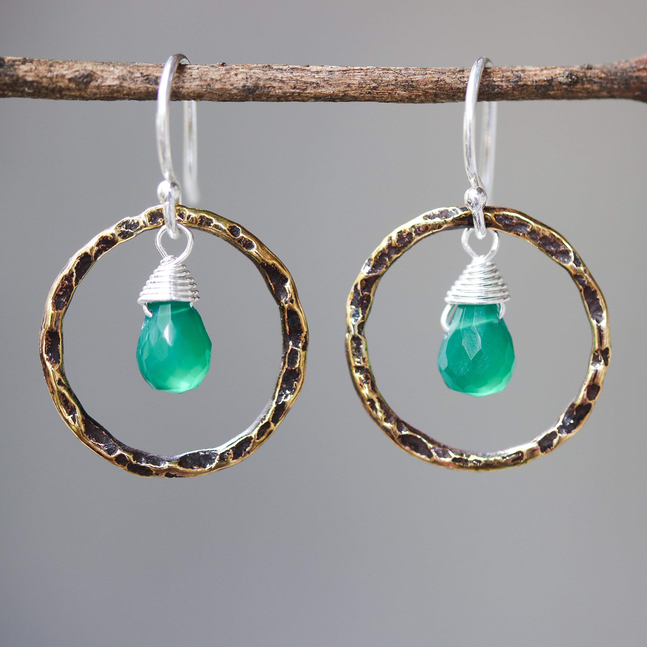 Green Onyx Earrings with Oxidized Brass Circle & Hammered Texture on Sterling Silver Hook – Elegant Boho Jewelry for Women, Perfect for Parties, Weddings & Everyday Wear