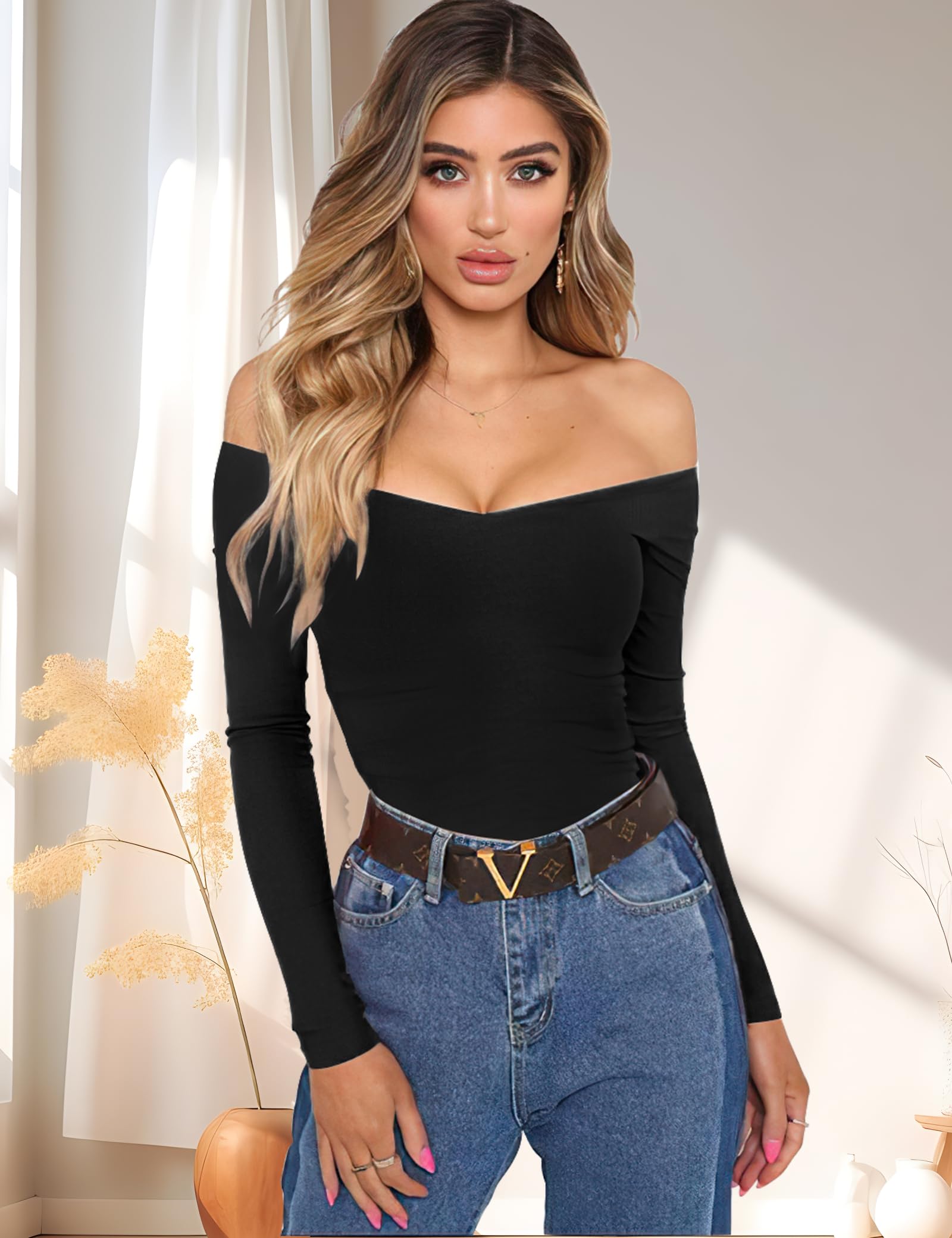 Sarin Mathews Women's Off Shoulder Tops - Sexy V Neck Slim Fit Blouses & Shirts for Casual Wear, Date Night & Summer Outfits