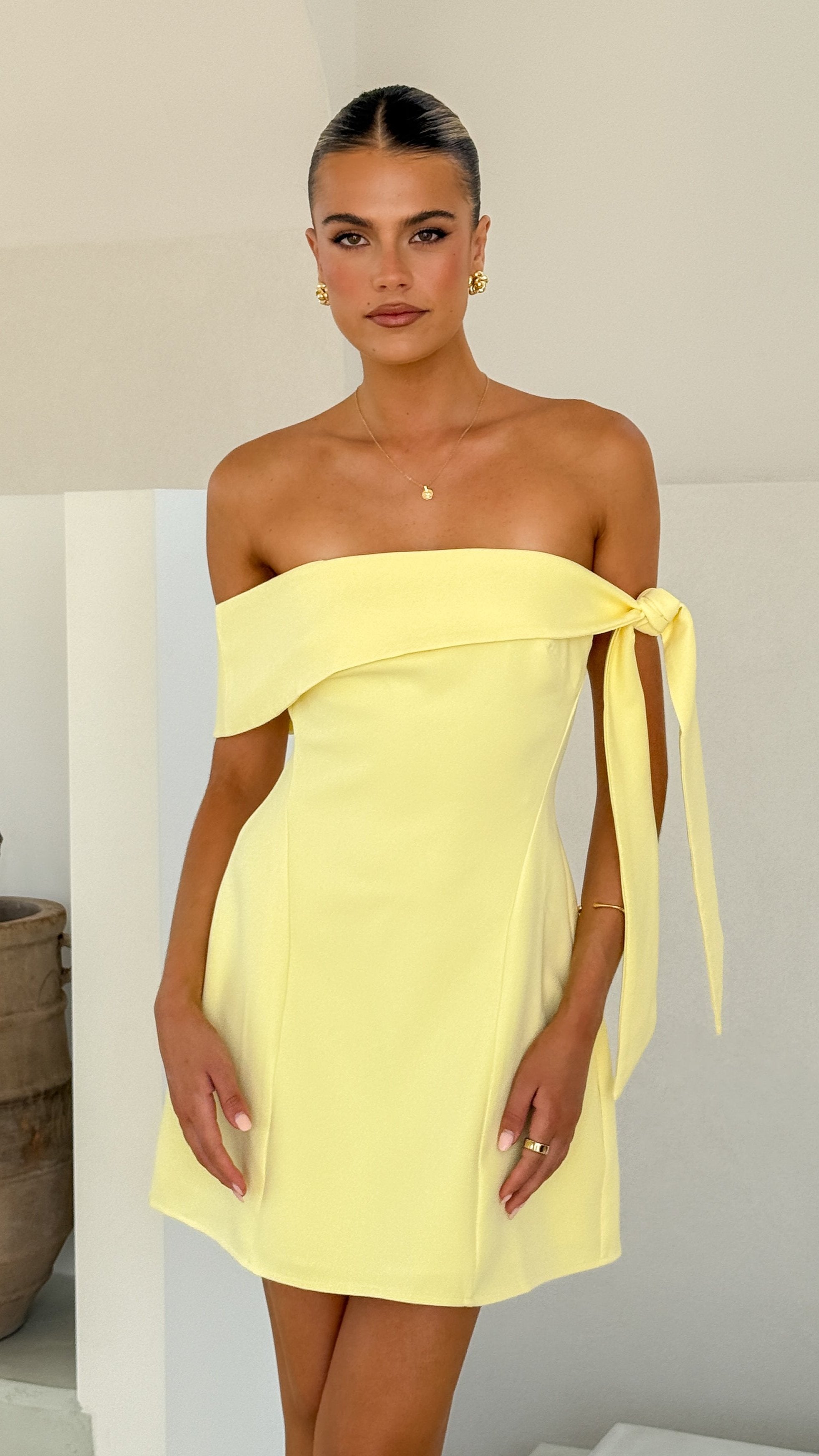 Halen Off Shoulder Mini Dress - Flirty Lemon Yellow Summer Dress for Women | Perfect for Beach Vacations, Date Nights & Parties
