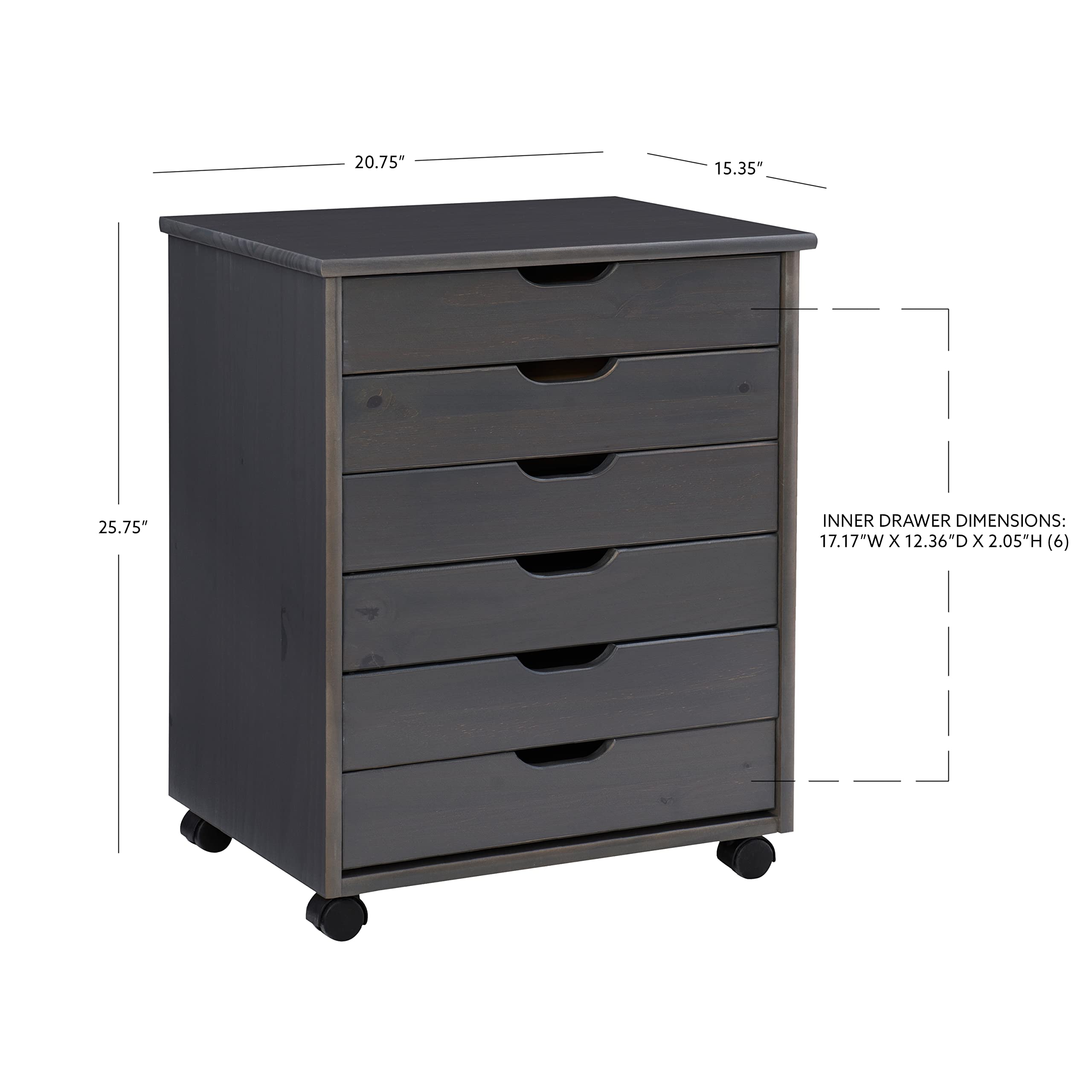 Linon Corinne 6-Drawer Wide Rolling Storage Cart with Wheels, Grey - Perfect for Bedroom, Bathroom, Office & Kitchen Organization