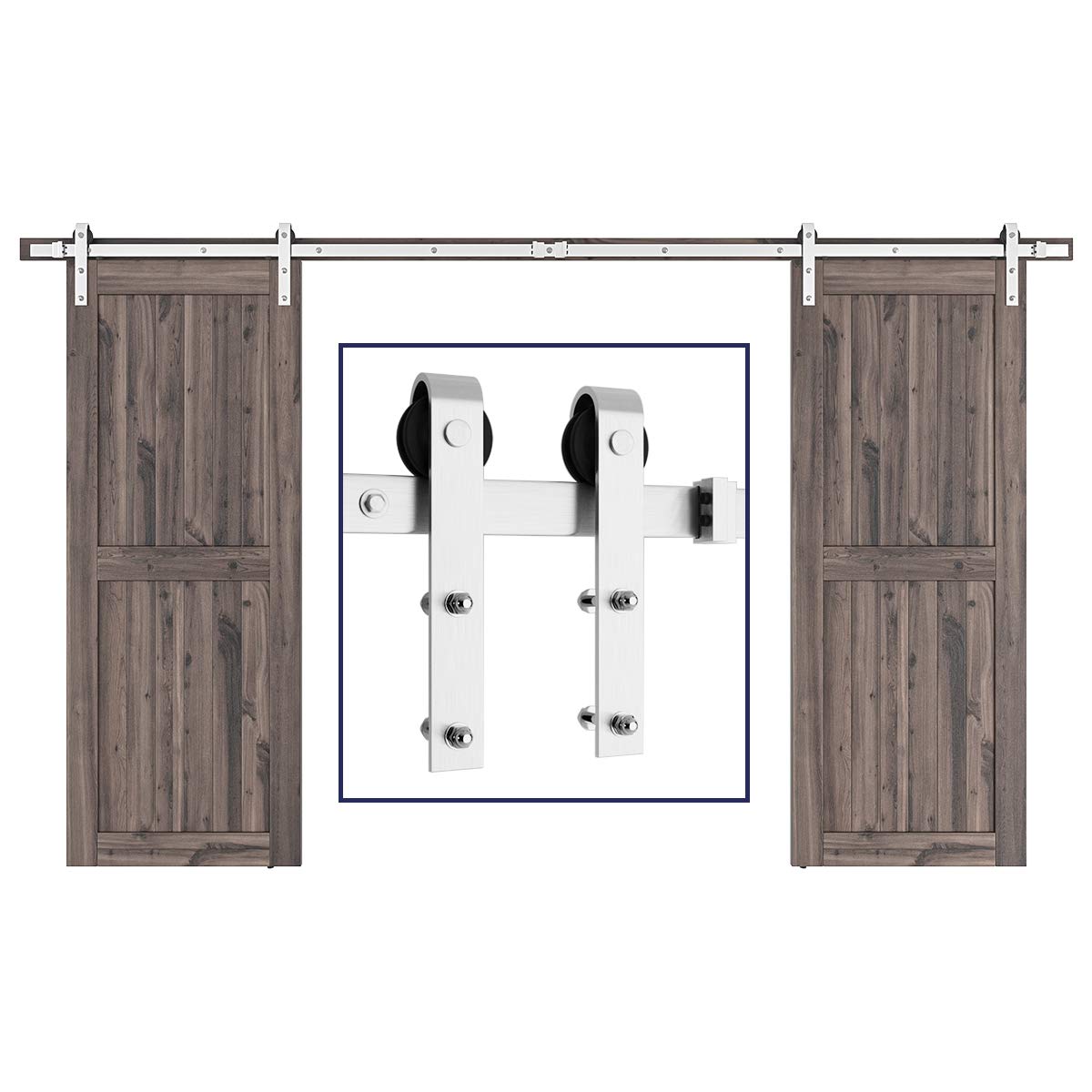 SMARTSTANDARD 12ft Heavy Duty Double Door Sliding Barn Door Hardware Kit - Brushed Nickel Finish, Easy Installation for 36