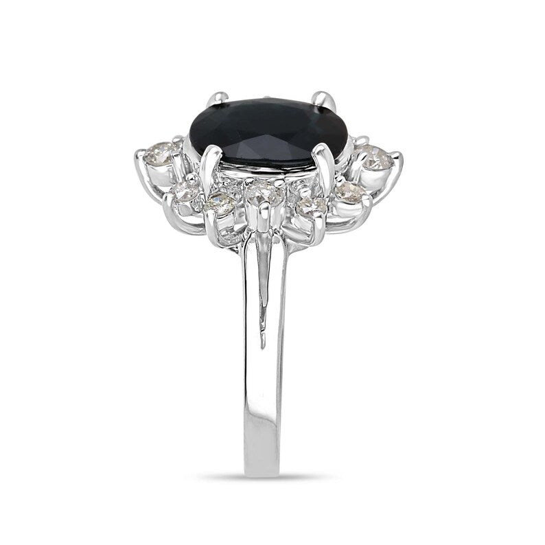 4.11tcw 18K White Gold Natural Oval Cut Dark Blue Sapphire & Diamond Halo Engagement Ring for Women - Perfect for Proposals, Anniversaries, and Special Occasions